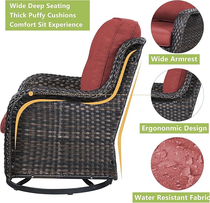 Rilyson Patio Chairs Rocking Swivel Chiar - 2 Piece Outdoor Wicker Furniture Chairs Set Rattan Rocker Chairs with High Back and Deep Seating for Outside Porch Deck Garden(Brown/Red)