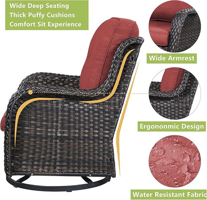 Rilyson Patio Chairs Rocking Swivel Chiar - 2 Piece Outdoor Wicker Furniture Chairs Set Rattan Rocker Chairs with High Back and Deep Seating for Outside Porch Deck Garden(Brown/Red)