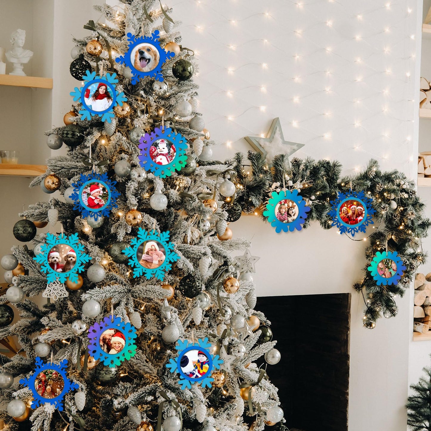 Thyle 12 Pcs Christmas Picture Frame Craft Kits DIY Wooden Snowflake Ornaments Bulk Xmas Tree Hanging Photo Frames for Christmas Party Winter Activities Home Decorations Gift