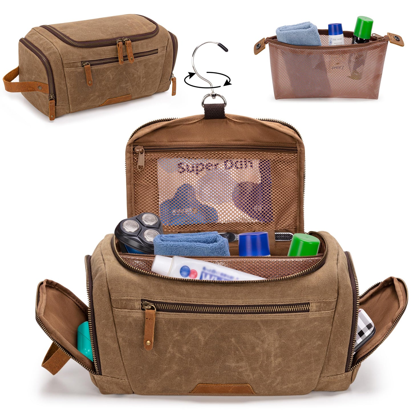Yarwo Hanging Toiletry Travel Bag for Men, Waxed Canvas Men Dopp Kit Hygiene Bag with Detachable Zipper Pouch, Water-resistant Shaving Storage Bag for Razor and Travel Essentials, Xmas Gift for Man