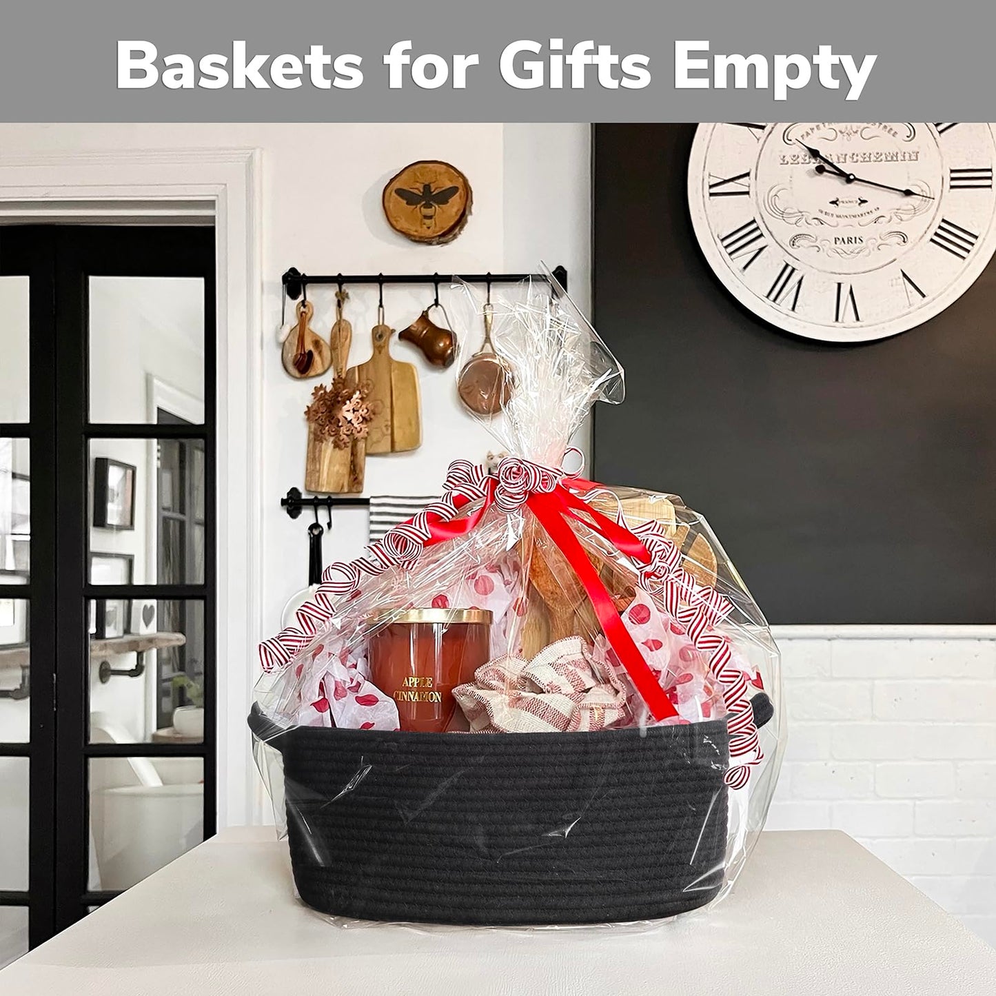 CHICVITA Storage Basket for Gifts, Cute Cotton Rope Baskets for Nursery, Small Gift Basket with Handles, Decorative Woven Baskets for Bathroom, 13 x 9.8 x 5 inches, Black