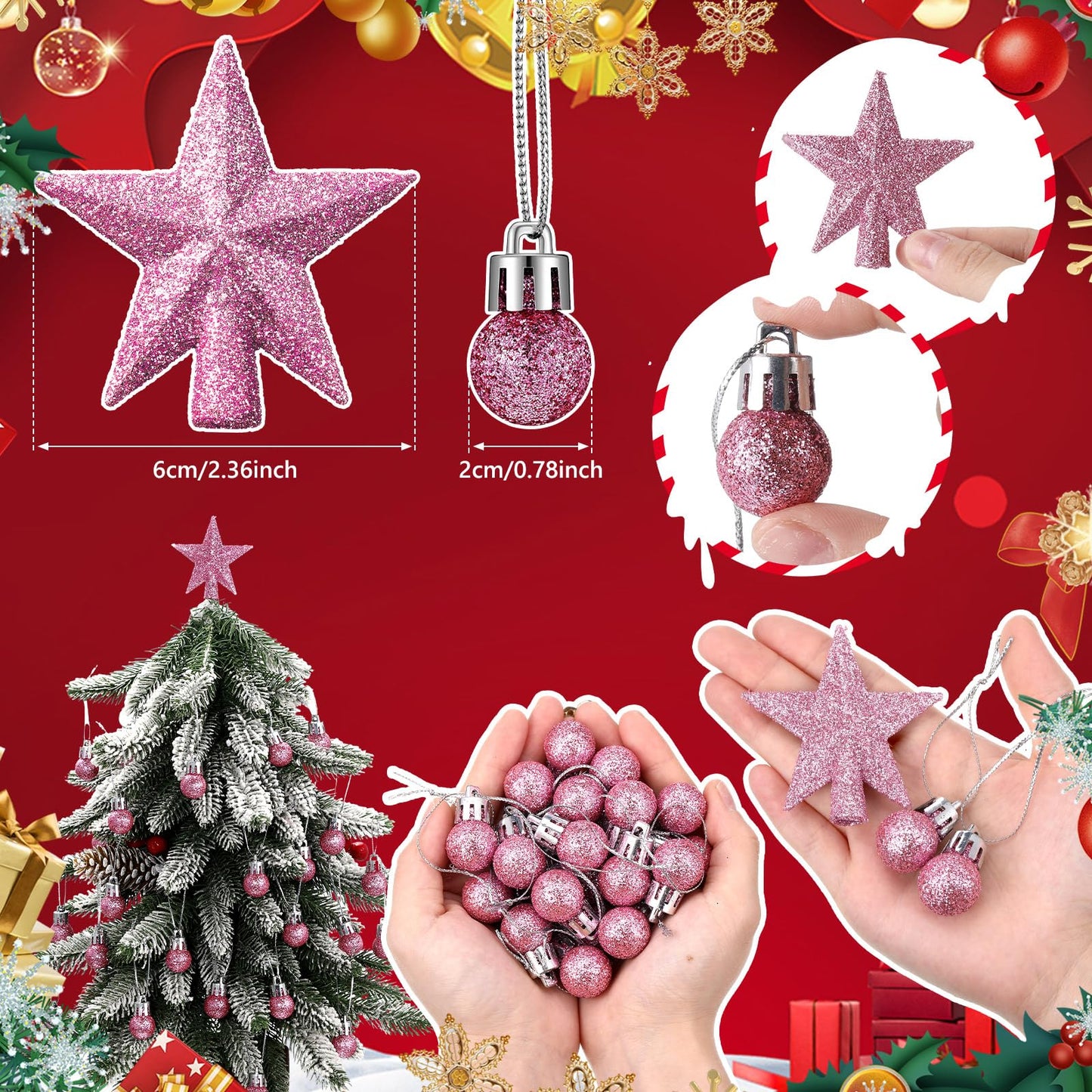 RoundFunny 25 Pcs Mini Valentine's Day Ornaments Set 0.79 Inch Glitter Valentine's Day Ball Tree Topper Star Hanging Ornaments for Party Decoration(Pink)