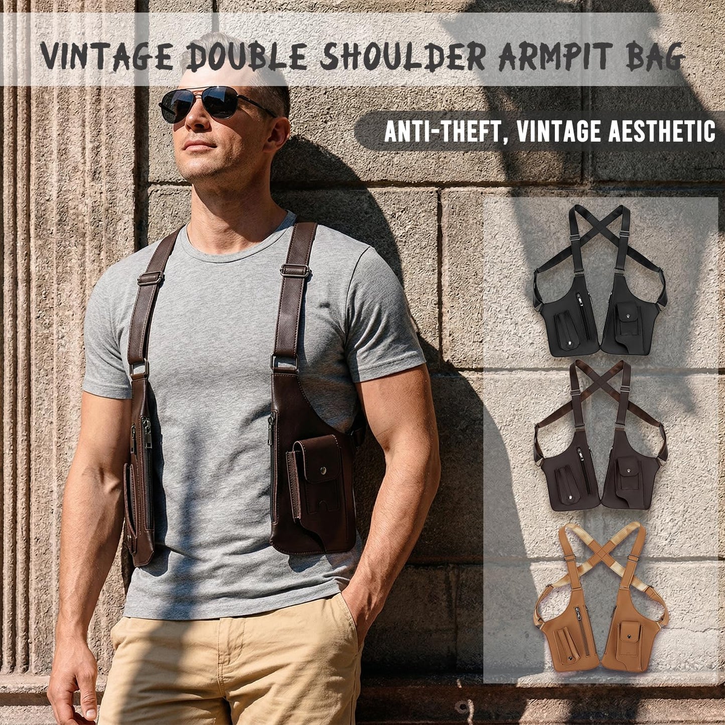 ocalil Double Shoulder Armpit Bag, 2026 New Men Anti-Theft Underarm Wallet Pocket Holster Phone Leisure Double Shoulder Pouch (brown)