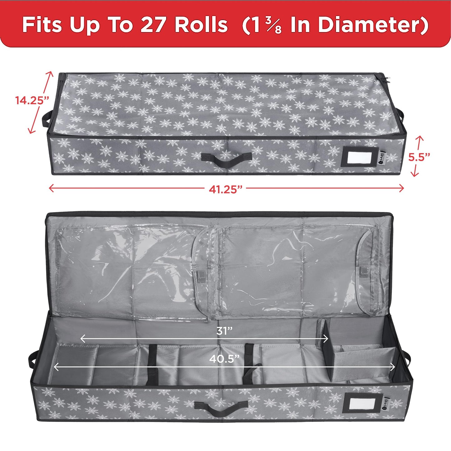 HOLDN’ STORAGE Premium Wrapping Paper Storage Container - Durable 600D Tear-Proof, Fits 27 Rolls Gift Wrap, Extra Pockets for Ribbons & Bows, Underbed Storage - Ideal for Holiday Christmas, Grey/White Snowflakes