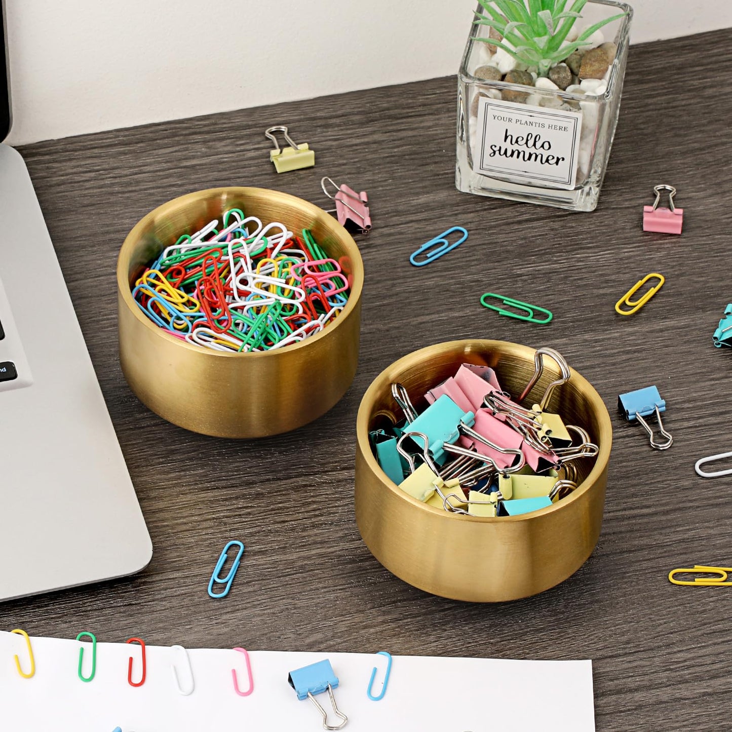 BTSKY 2 Pack Golden Paper Clip Holder, Stackable Paperclip Box Metal Storage Bowl for Office Supply Accessories, Round Small Storage Holder Cute Jewelry Organizer for Office Bathroom Vanity