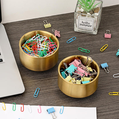 BTSKY 2 Pack Golden Paper Clip Holder, Stackable Paperclip Box Metal Storage Bowl for Office Supply Accessories, Round Small Storage Holder Cute Jewelry Organizer for Office Bathroom Vanity