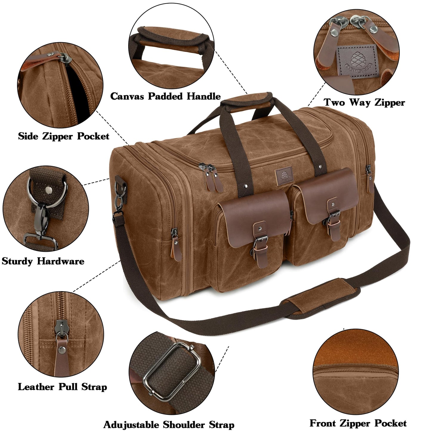 Densata Waxed Canvas Duffle Bag for Men 50L Travel Duffel Bags Expandable Genuine Leather Duffel Overnight Weekender Carry On Bag Two Zipper Pockets Travel Bag (Vintage Dark Brown, Large-50L)