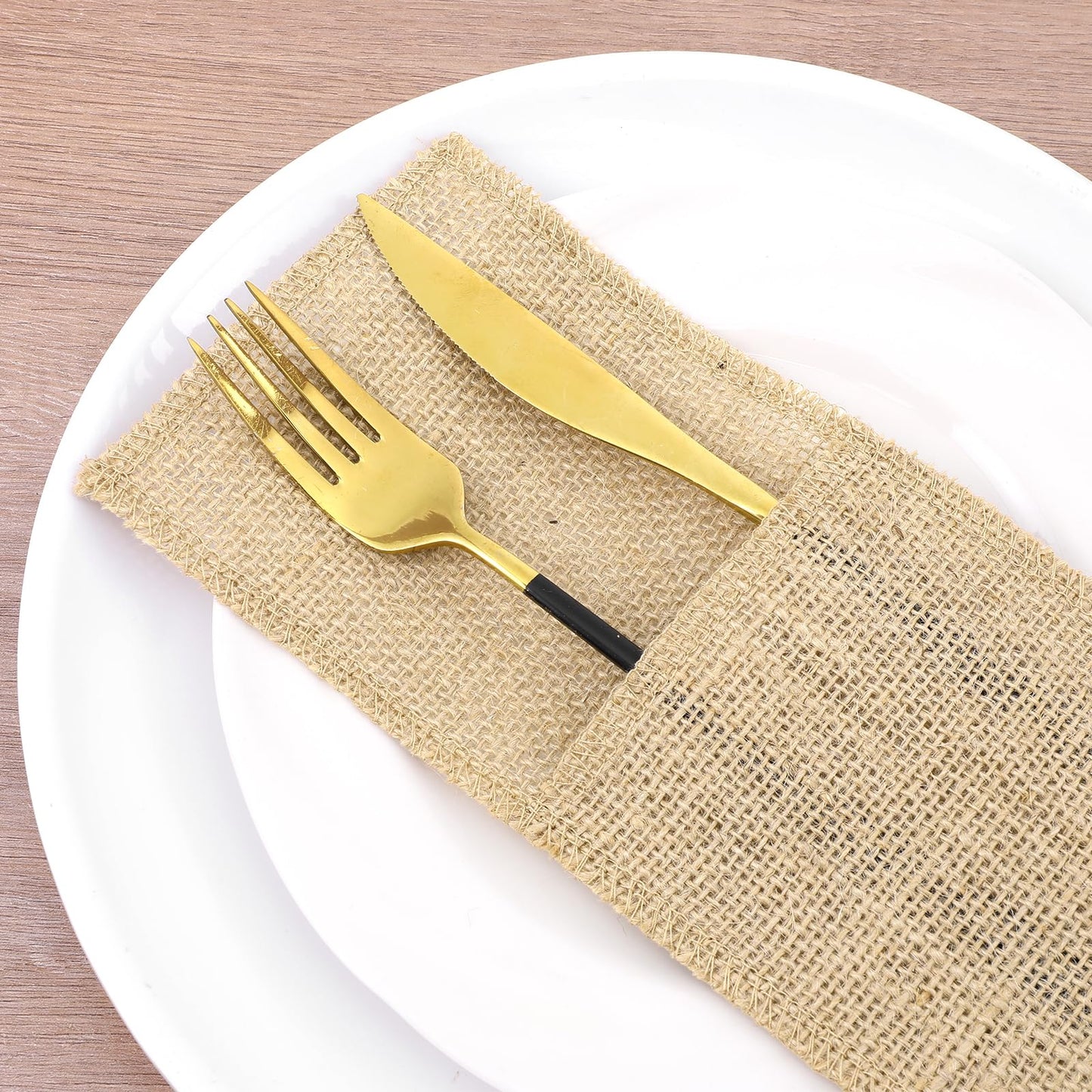 50 Pcs Natural Jute Utensils Holders, 8.8 x 4 inch Cutlery Pouch, Silverware Holder, Napkin Bag for Rustic Wedding Party Decorations