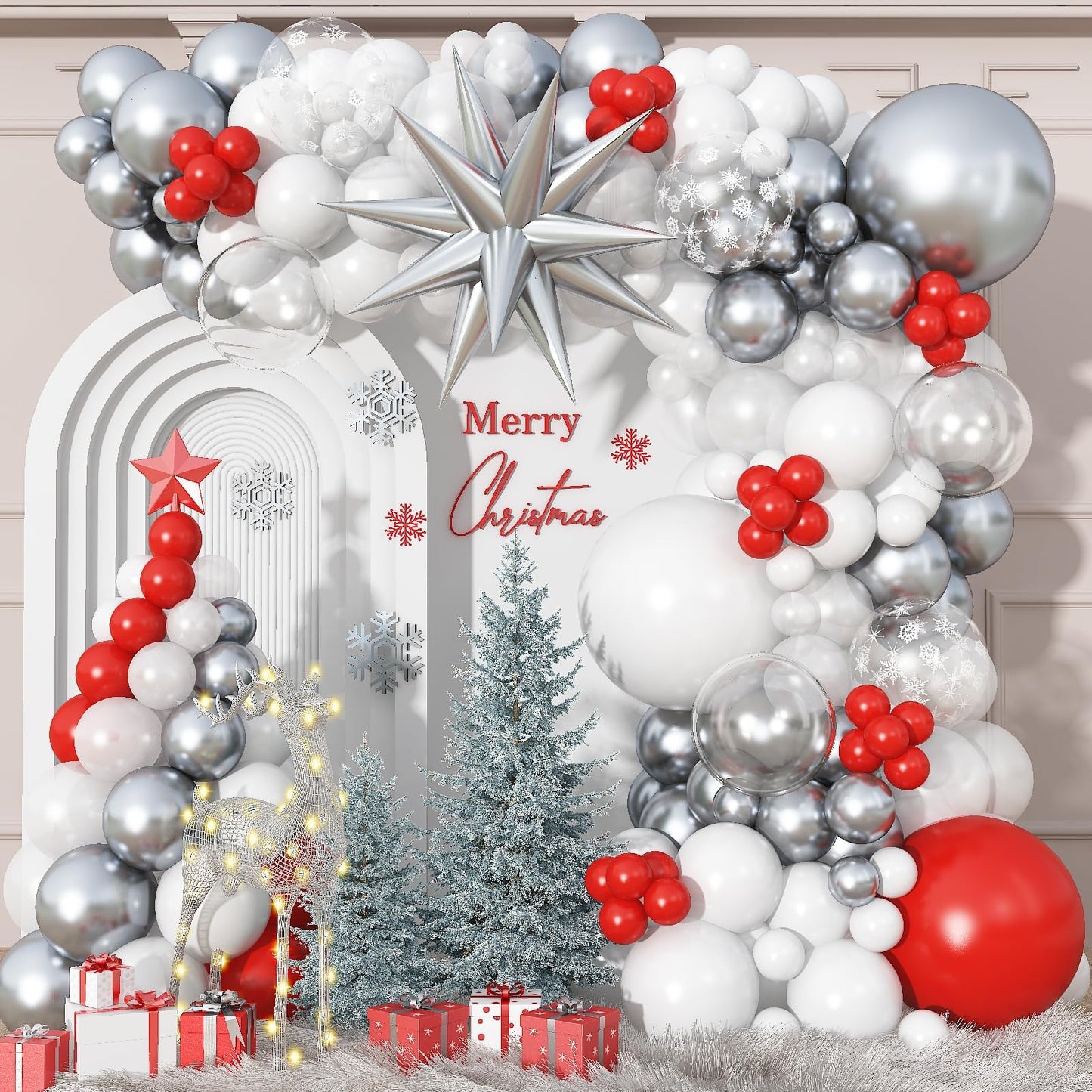 White Silver Red Balloons Arch Christmas Balloons Garland Winter Wonderland Birthday Party Decorations Snowflake Explosion Star Balloon Metallic Latex Helium Christmas Xmas New Year Baby Shower