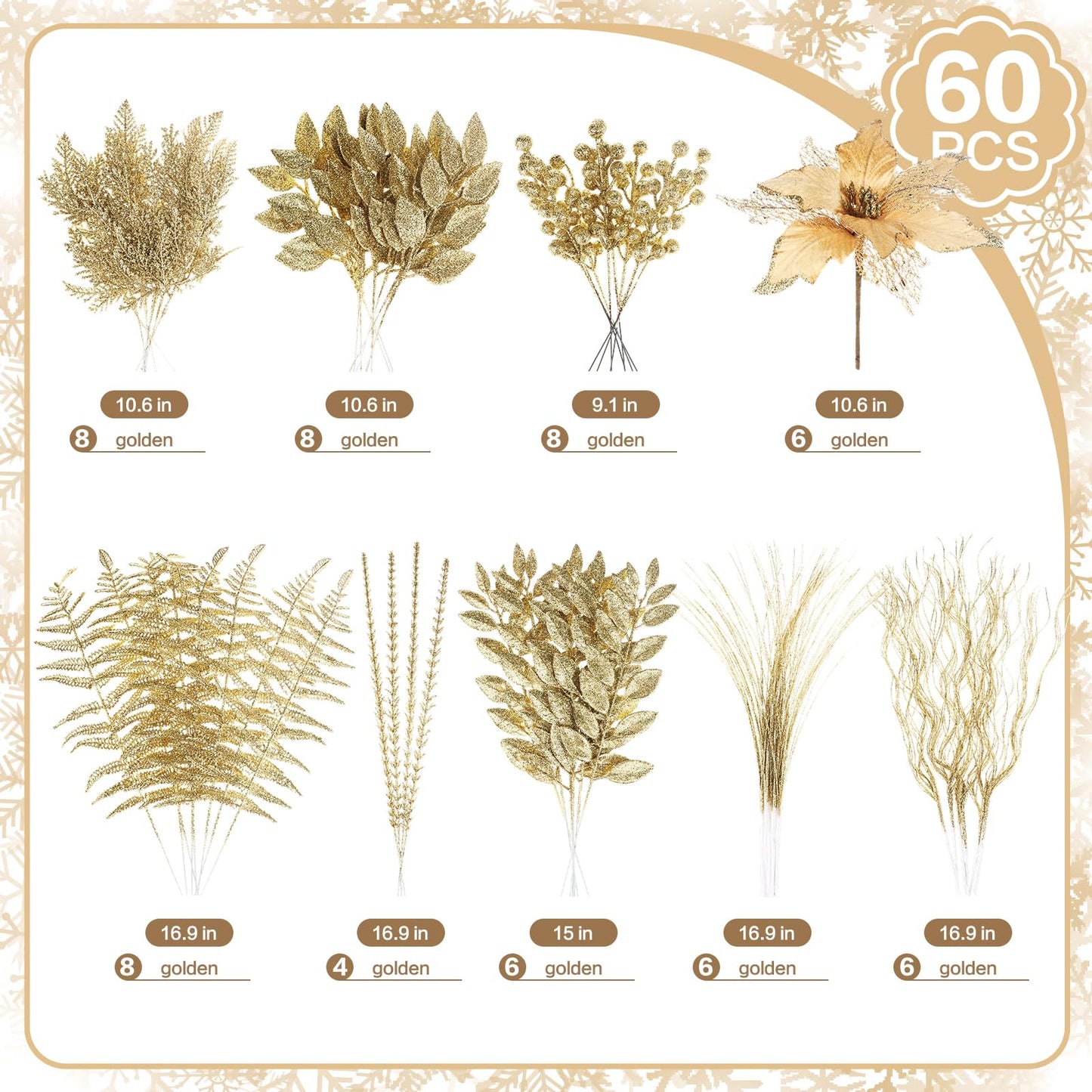 60 Pcs Christmas Tree Decorations Champagne Christmas Picks and Sprays 9 Style Xmas Ornaments of Glitter Poinsettia Flowers Artificial Branches Fern Berry Stems for Vase Fillers Wreath Holiday Party