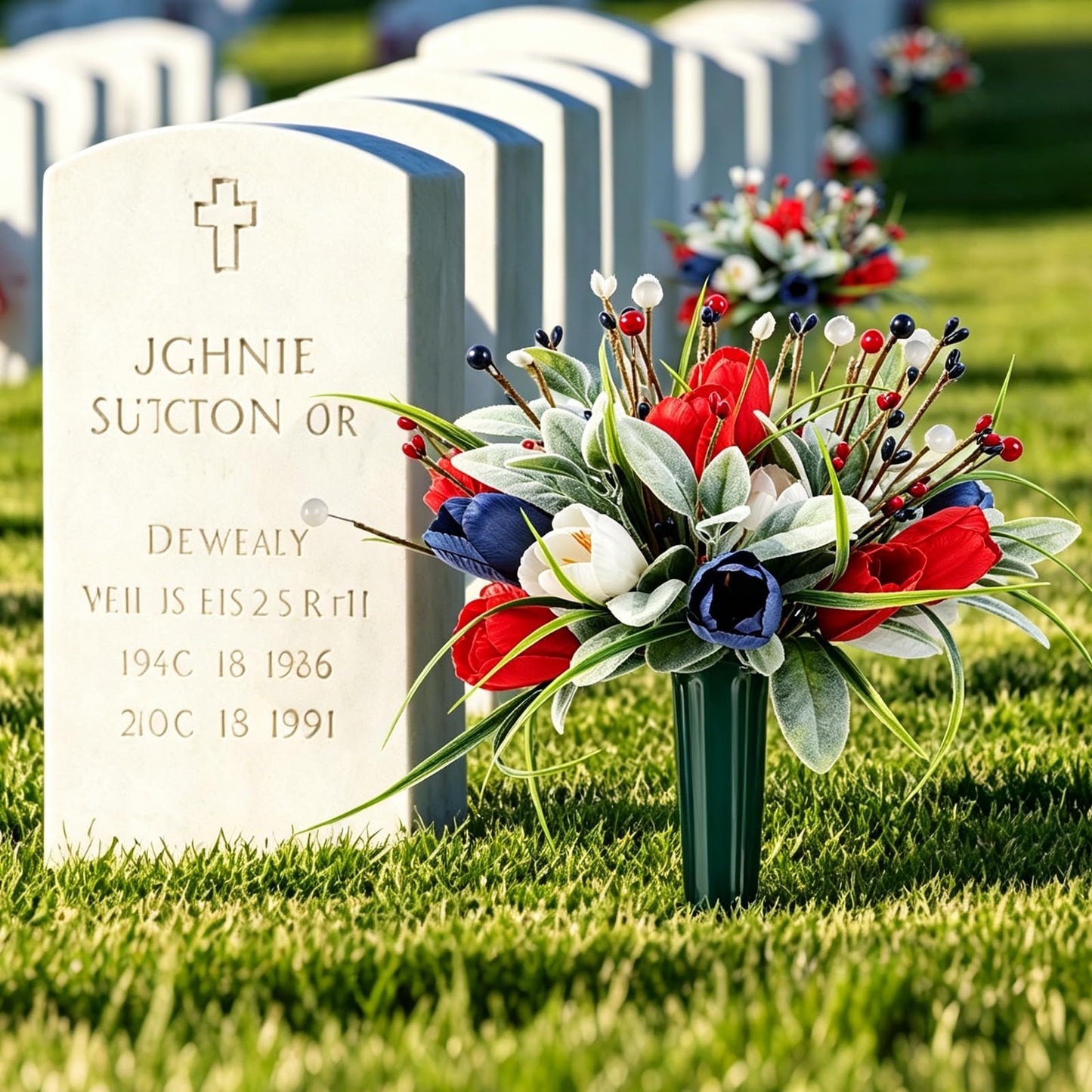 Memorial Day Flowers for Cemetery 2 Sets Artificial Patriotic Cemetery Flowers Red White Blue Roses with Berries & Lamb's Leaves for 250th Anniversary USA 4th of July Memorial Day Grave Outdoor Decor