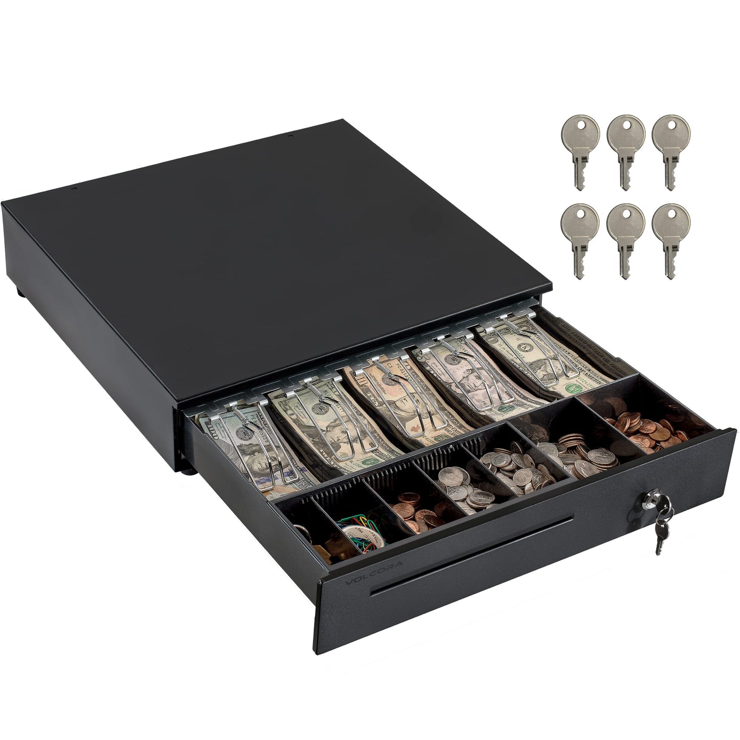Volcora Cash Register Drawer for Point of Sale (POS) System, 5 Bill/7 Coin, 16" with Adjustable Coin Slots, 12-24V, RJ11/RJ12 Key-Lock, Media Slot, Black