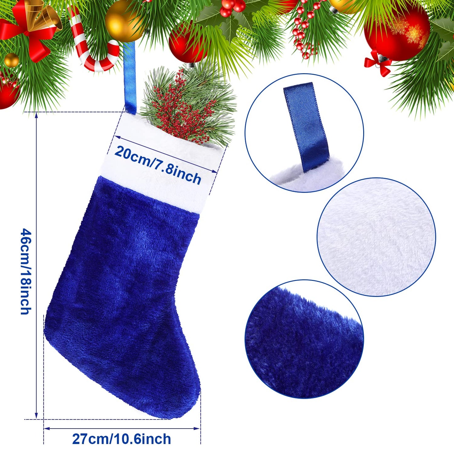 CCINEE Blue Christmas Stockings, 6pcs 18 Inches Tall Blue Design with Plush Cuff Classic Large Stocking Decorations for Xmas Festive Gifts Home Fireplace Decor