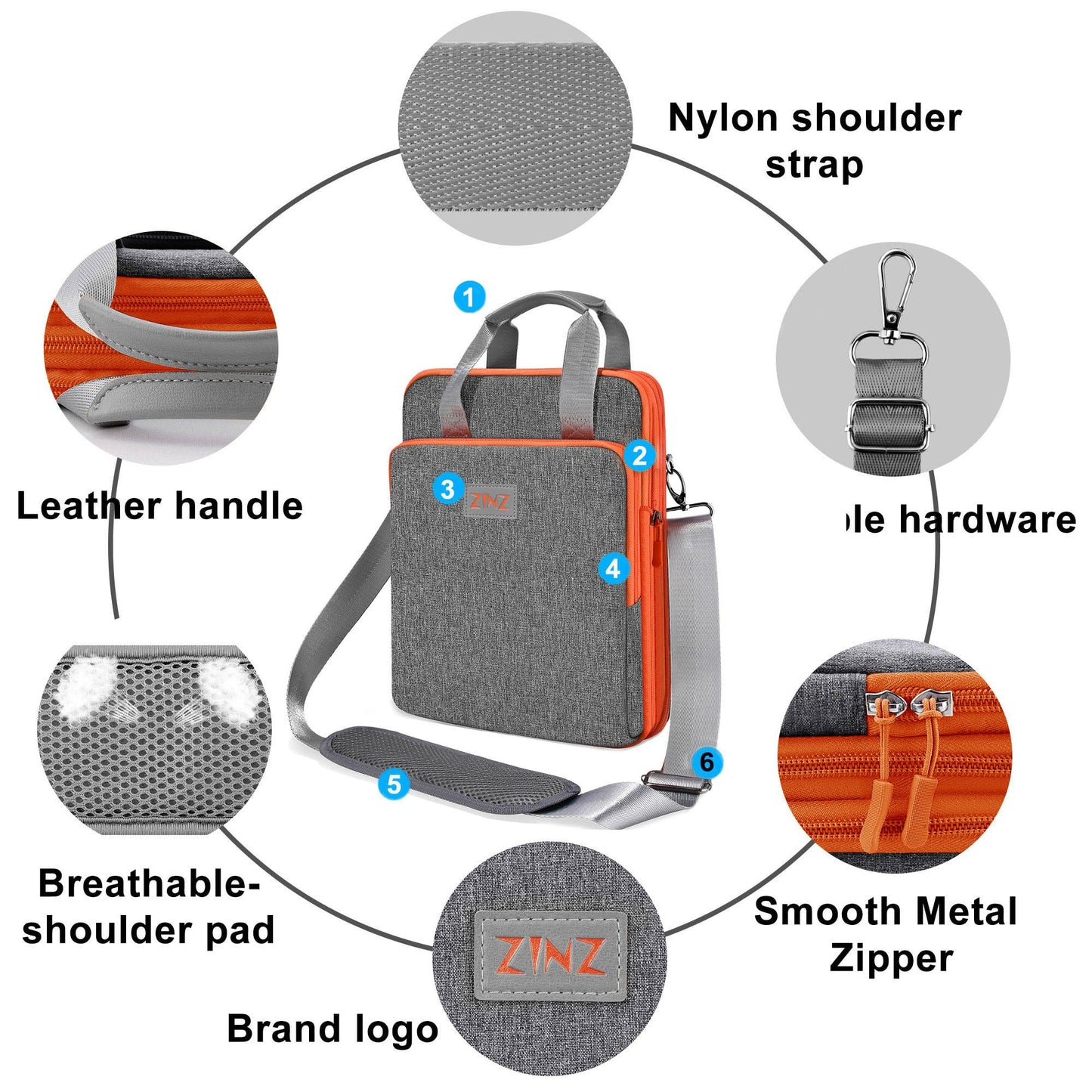 ZINZ Laptop Shoulder Bag 12.3-13 inch Case Sleeve, Expandable Handbag with Valuables Compartment Compatible with MacBook Air/Pro/Neo 13", iPad 12.9"/13"/11", Shockproof,Gray-Orange edge