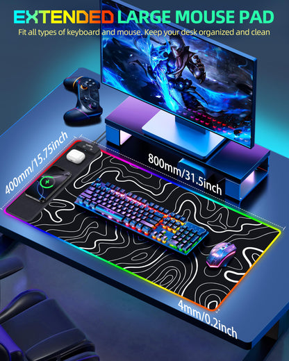 Wireless Charging Mouse Pad, RGB Gaming Mousepad, 31.5"x15.7" Extra Large Desk Pad, 13 Light Modes, Ultra-Smooth Surface, Non-Slip Base, Waterproof Computer Keyboard Mat for MacBook, PC, Laptop, Black