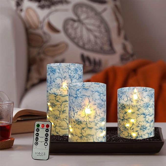 Flameless Candles with String Lights - Set of 3 Printed Remote Battery Operated Candle Flickering Floral LED Pillar Candles with Timer for Home Decor Romantic Ambiance,BL