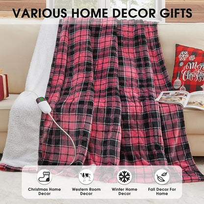 Pink Heated Blanket Electric Full Size,72X84 Heating Blanket with 10 Heats Levels&8 Hours Auto Off&Timer,Plaid Soft Sherpa Pink Blankets Warmer Gift for Grandma Women Adult,Fast Heating Washable
