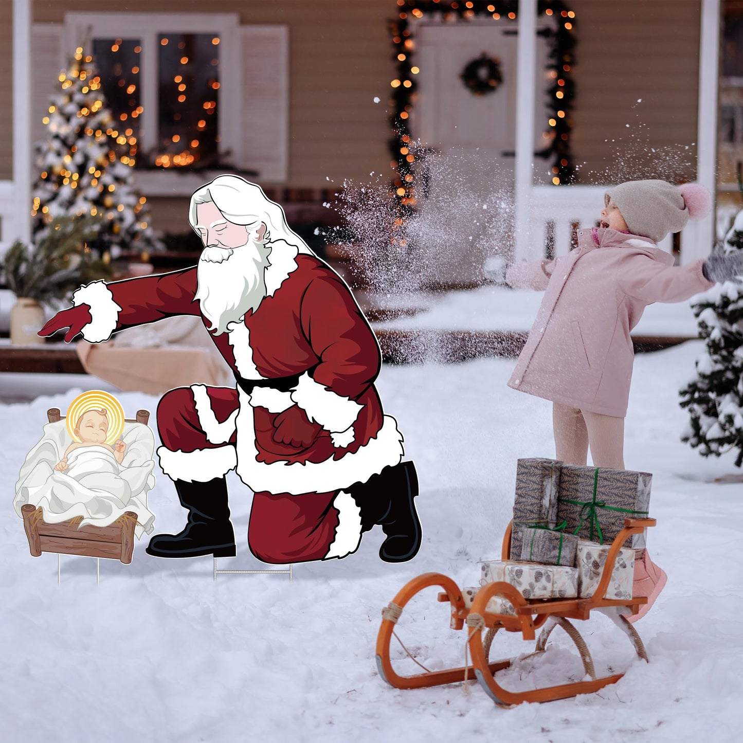 Santa Jesus Nativity Yard Sign Large 90cm Tall Weatherproof Religious Santa Holy Jesus Birth Christian Nativity Scene with Metal Stakes for Outdoor Christmas Holiday Lawn Home Garden Yard Decor