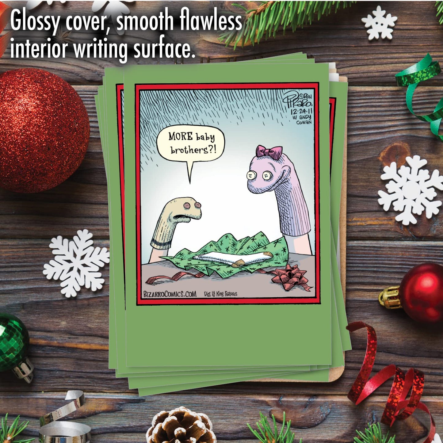 NobleWorks - Box of 12 Cartoon Christmas Cards Funny - Bulk Pack of Holiday for Xmas, Humor Notecard Set 1x12 Designs - little one Sock Brothers B1852