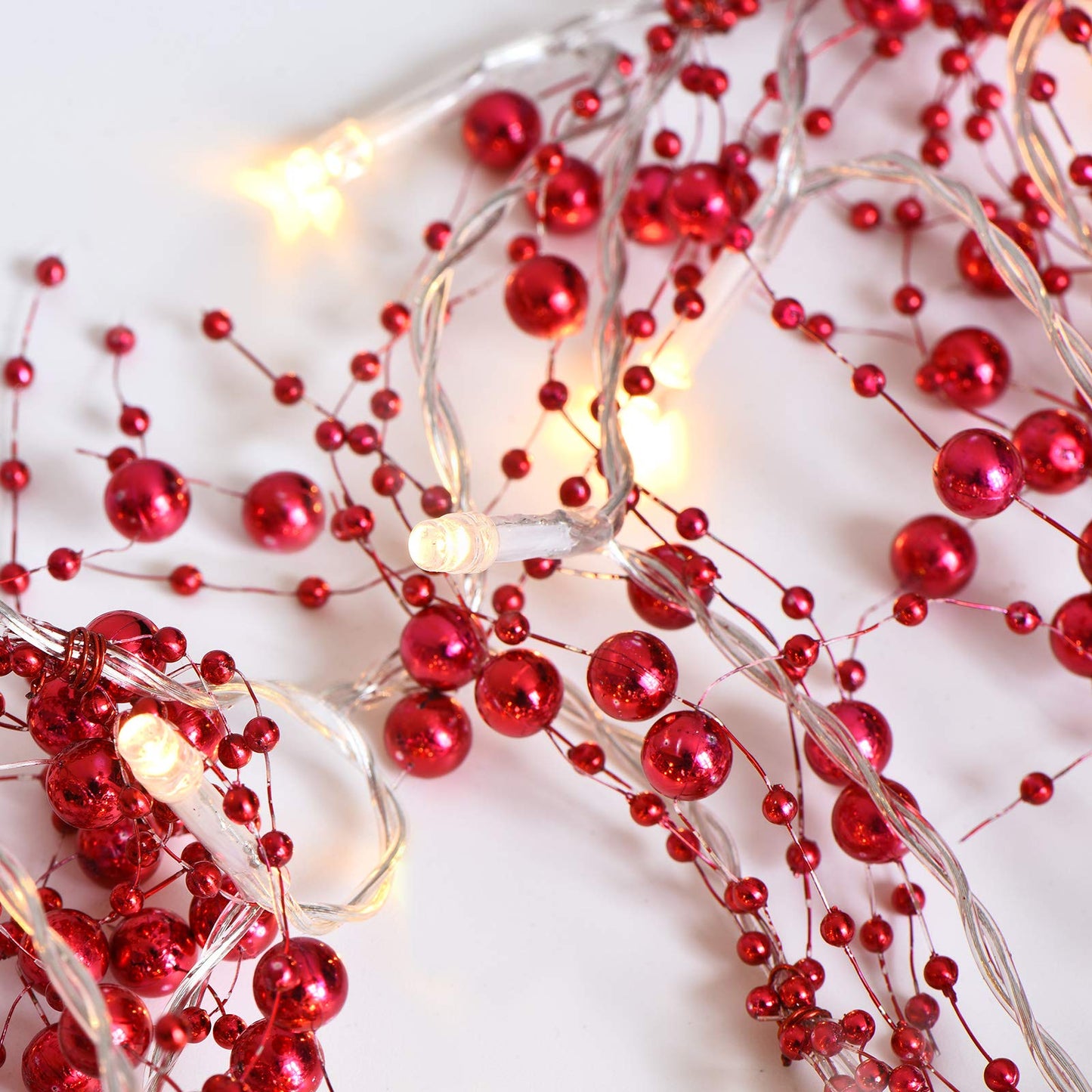 Mudder 10 Feet 30 LED Christmas Light Metal Berry Beaded Garland Indoor Christmas String Lights for Fireplace Mantel Indoor Xma Light Decorations(Red)
