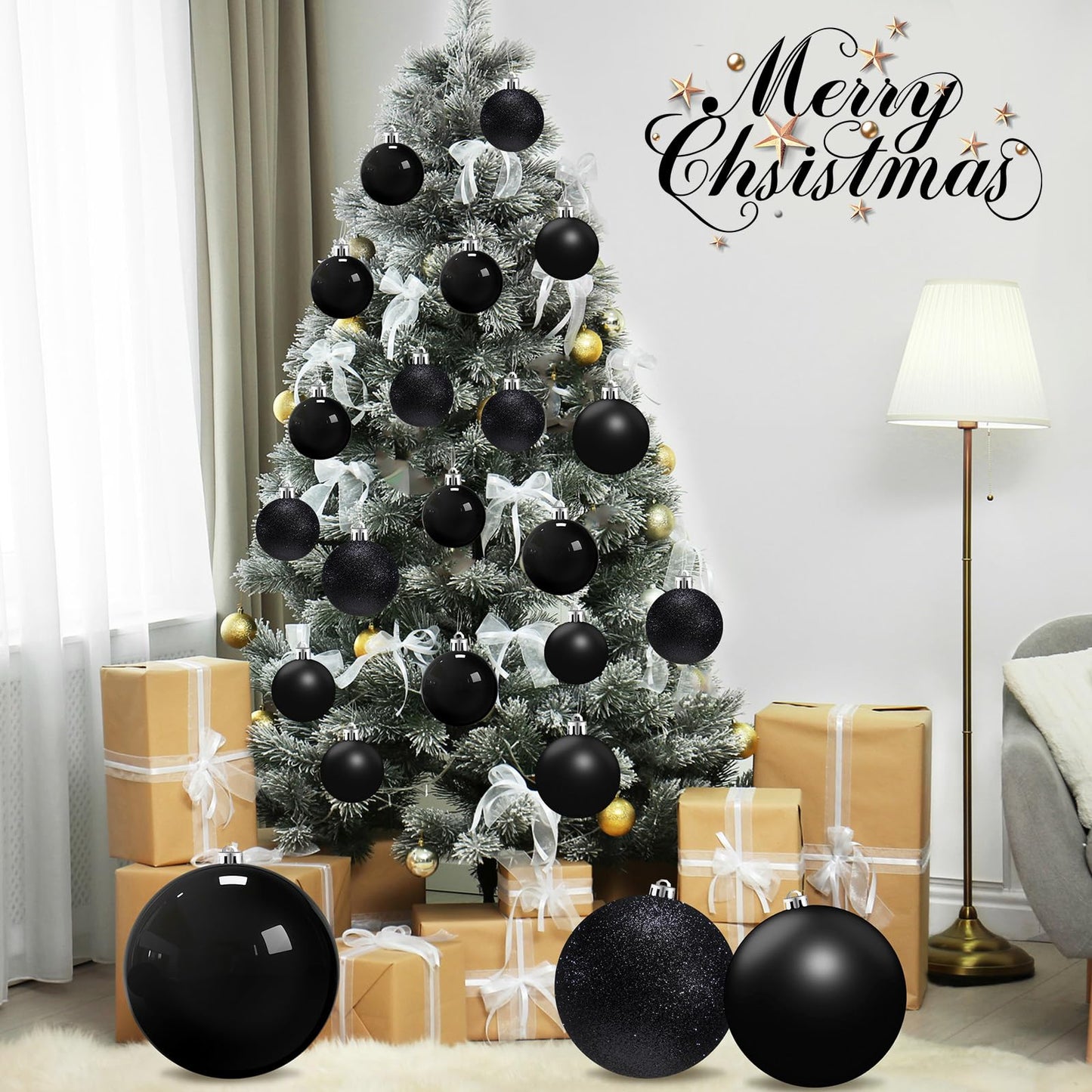 Marsui 24 Pcs Giant Christmas Balls Ornaments Extra Large Outdoor Black Christmas Ornament 8'' 6'' 3'' 2'' Large Xmas Balls Bulk Plastic Shatterproof for Xmas Tree Lawn Yard Porch (Frosted and Shiny)