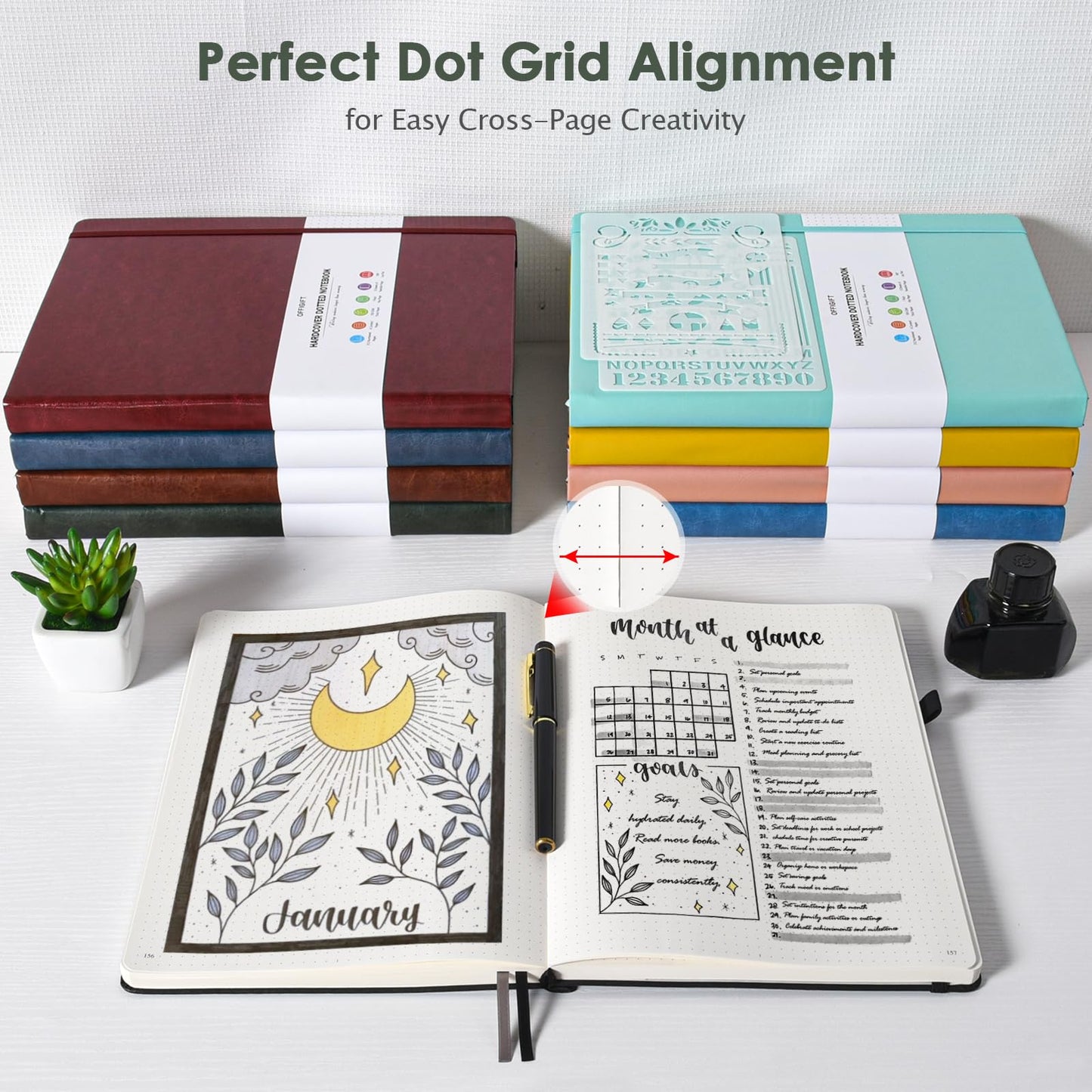 OFFIGIFT Dotted Journal Notebook, 312 Numbered Pages Large B5 Hardcover Leather Notebook, 100gsm No Bleed Paper Dot Grid Notebook with Index Pages, Dot Journal for Women Men, 7.6'' X 10'', Green