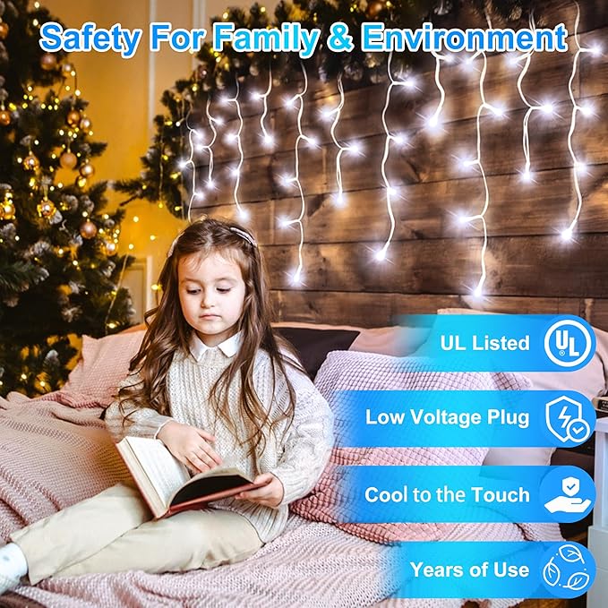 66 FT LED Christmas Lights with 140 Drops, 490 LED Indoor Outdoor Christmas Decorations, 8 Lighting Mode Waterproof Fairy Lights with Timer for Xmas Holiday Wedding Yard Party Cool White