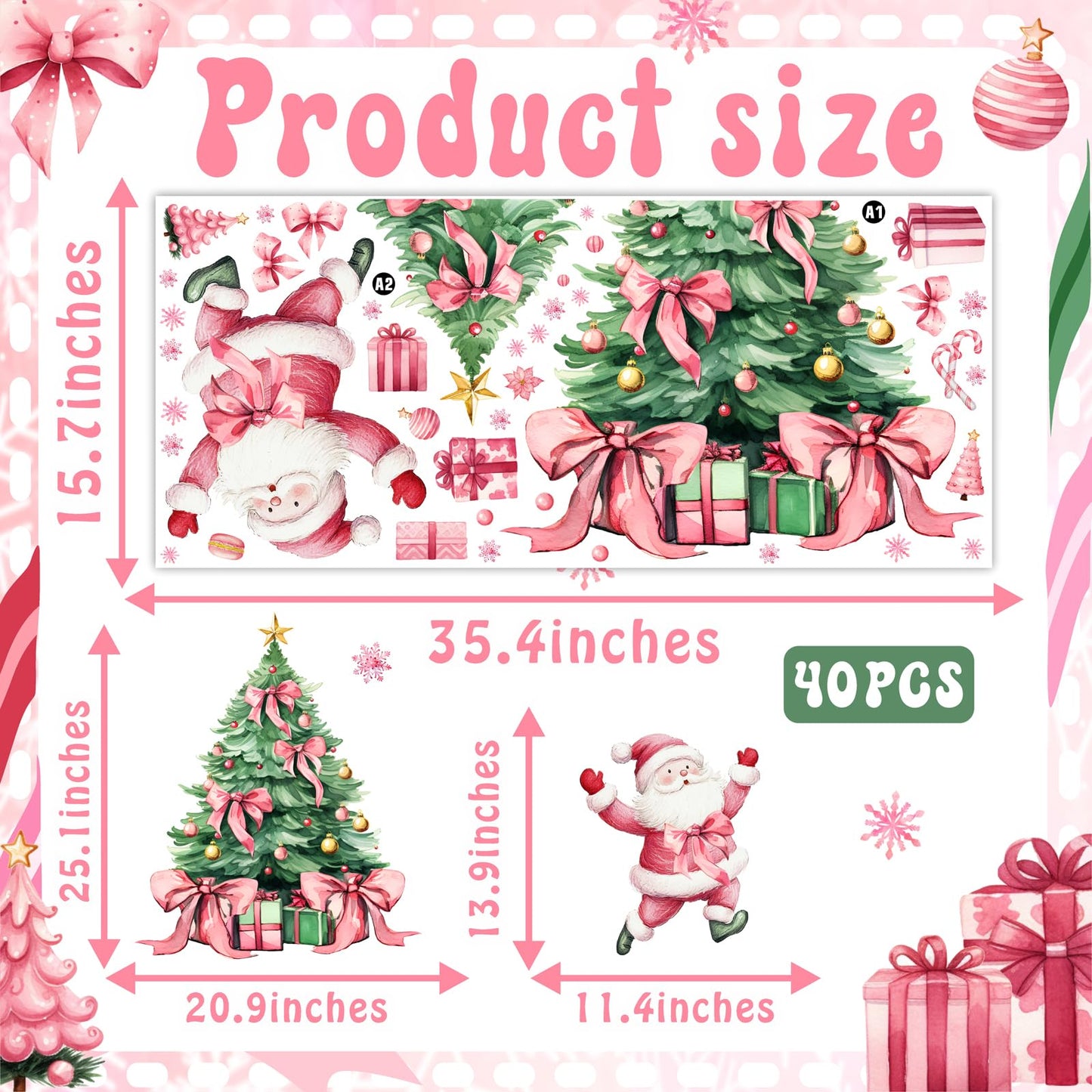 Christmas Decoration Window Decals Pink Bow Xmas Tree Window Clings Indoor Decor Removable Santa Claus Static Cling for Glass Double-Sided Snowflake Glass Sticker for 2026 New Year Living Room Supply