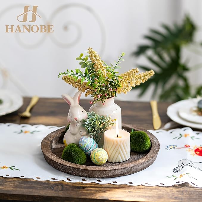 Hanobe Rustic Wooden Serving Tray: Round Wood Butler Decorative Tray Vintage Centerpiece Candle Holder Trays Farmhouse Ottoman Tray for Decor Countertop Home Decor Accessories for Coffee Table