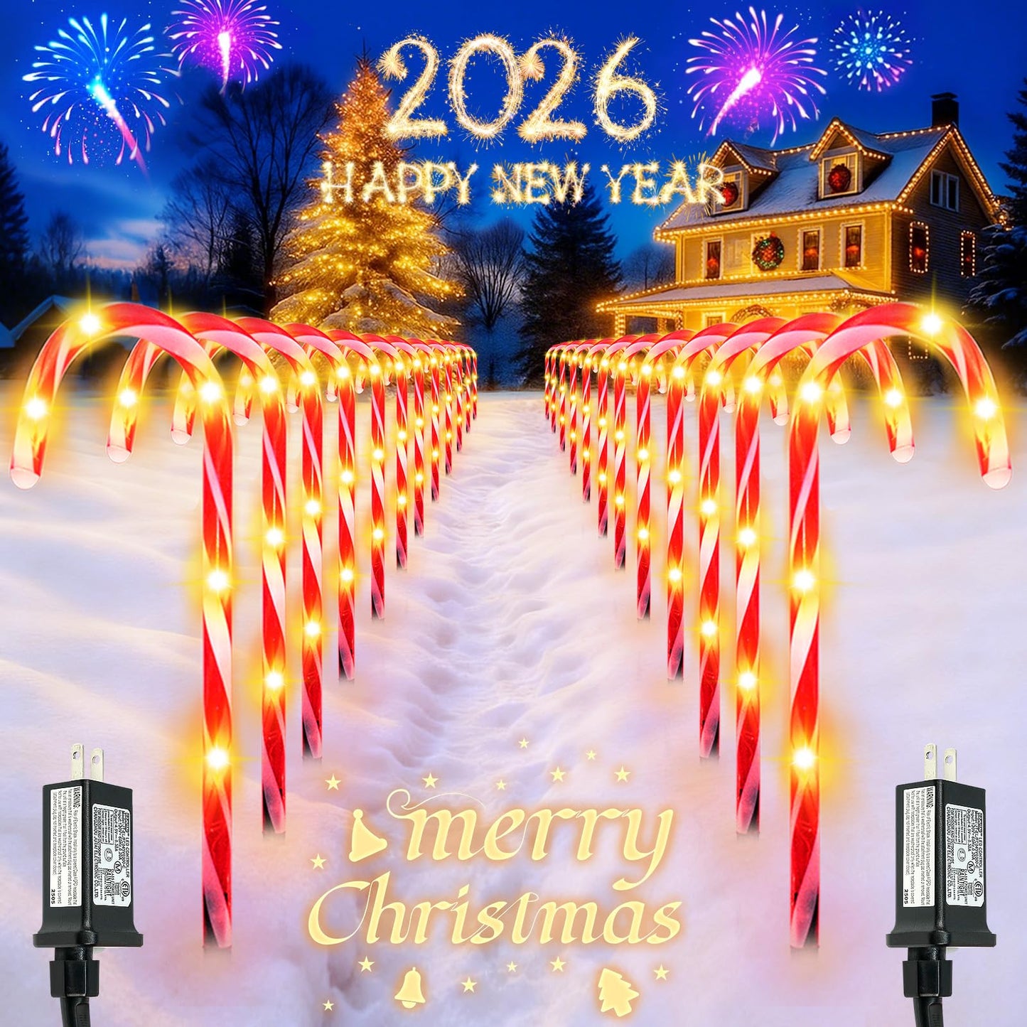 BOSSERN 24 Pack Christmas Candy Cane Lights Plug in, Jumbo Candy Cane Light Waterproof, 8 Modes Christmas LED Decorations for Outdoor, Pathway Lights Plug in for Garden Lawn Yard Patio Decorations