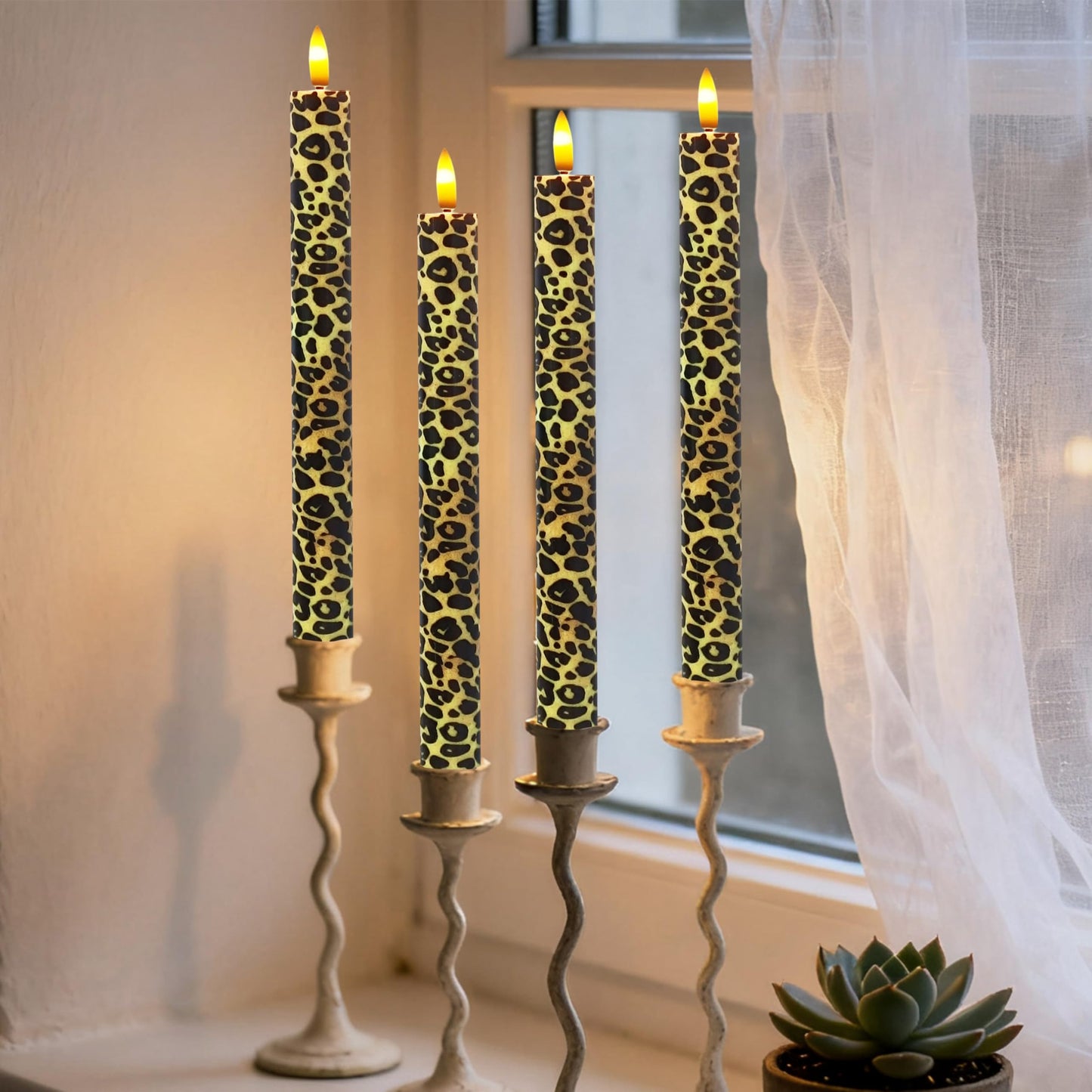 SEUCRWAX 10 Inch Flameless Taper Candles,LED Candlesticks Battery Operated with 10-Key Remote and Timer,4p Flame Lights for Wedding Decoration Party(Leopard)