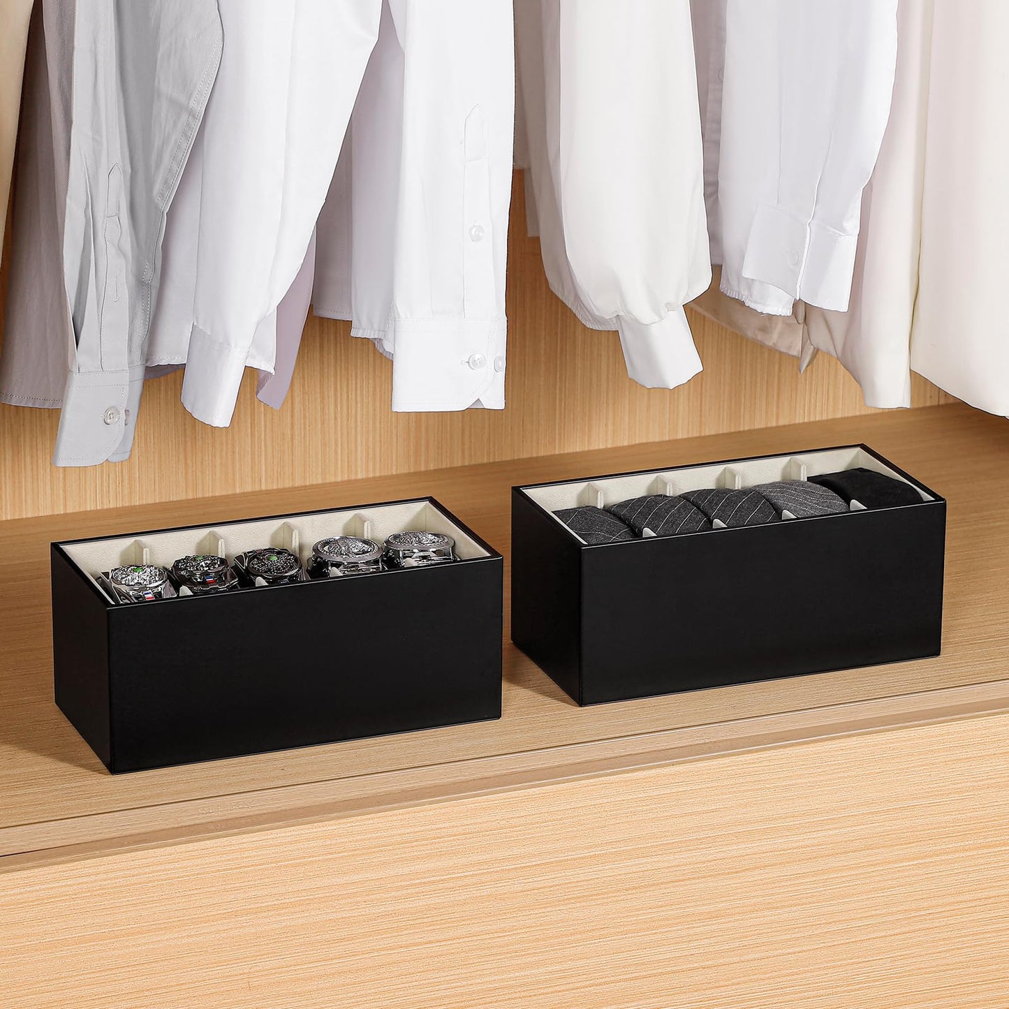 Coorganisers 2 Packs Leathers Belt Organizer for Closet and Drawer, Stackable 5 Grids Dresser Drawer Organizers, Belt Tie Holder for Men,Tie Box-Black