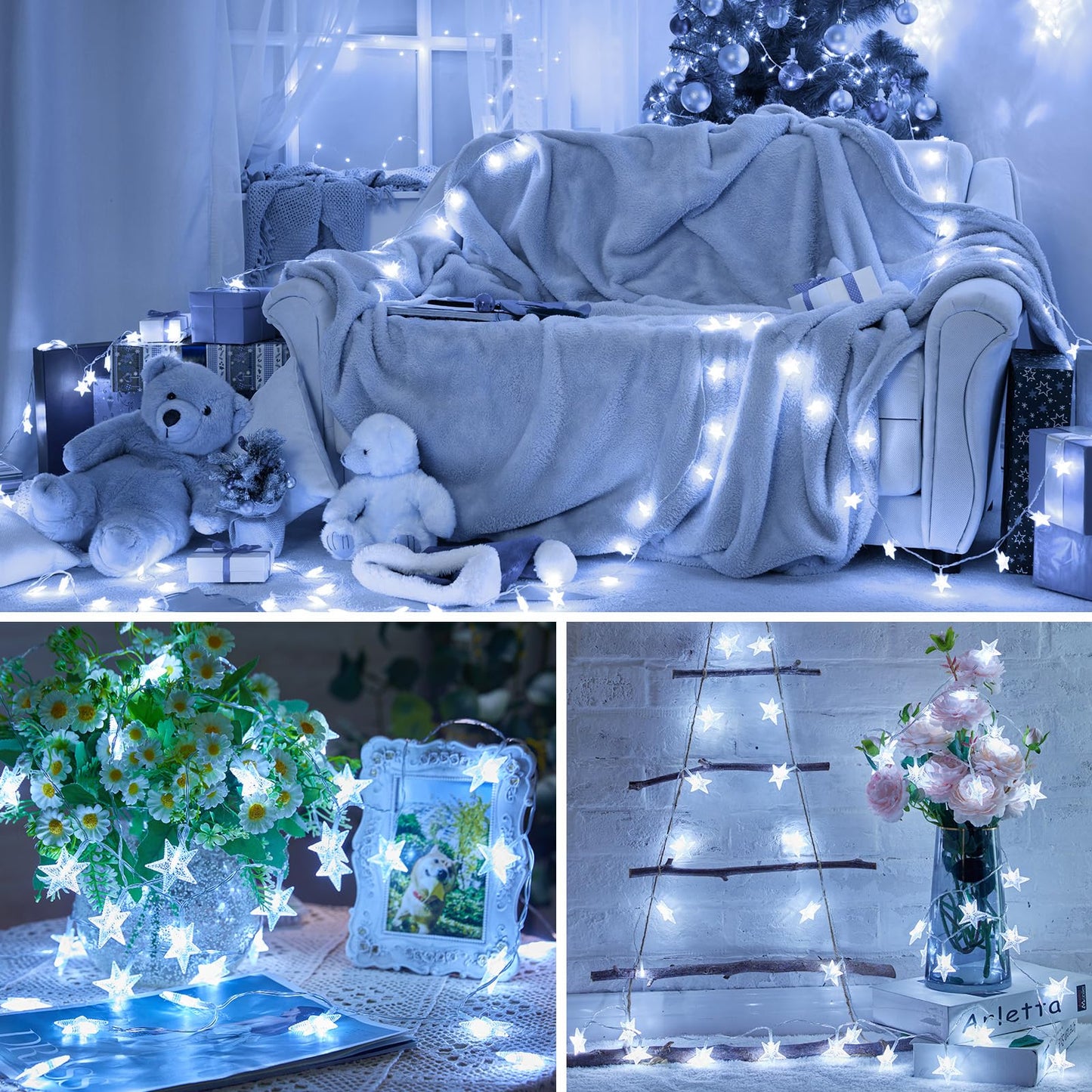 Minetom Star String Lights Battery Operated - 17 ft 50 LED Star Fairy String Lights with Timer, Waterproof for Indoor Bedroom Tent Loft Bed Patio Party Wedding Decor, White