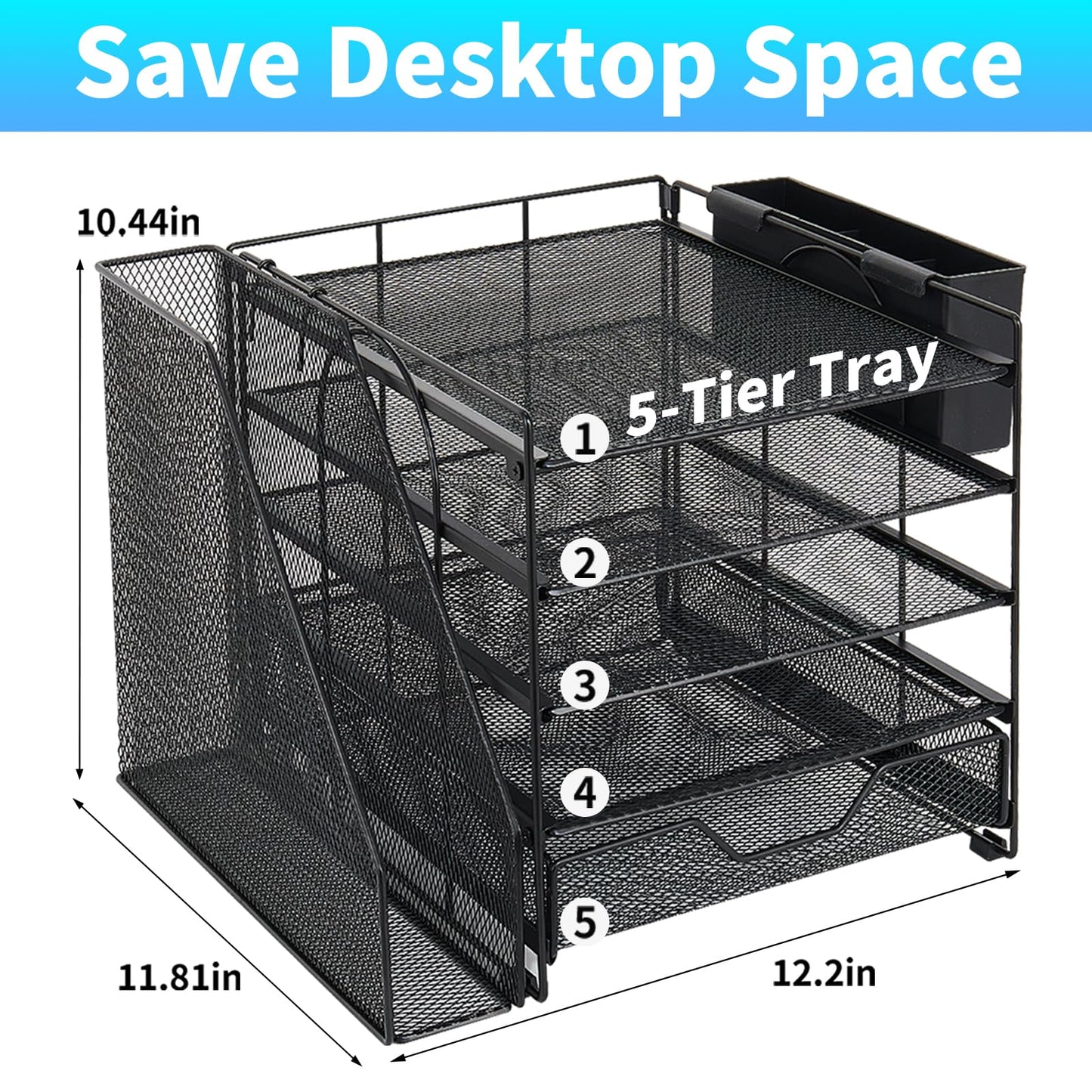 Gugsey Desk Organizer, 5-Tier Paper Letter Tray Organizer with File Holder, Drawer and Pen Holder, Desktop Organizer for Office Supplies, Black