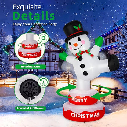 6FT Christmas Inflatables Snowman Outdoor Decorations, Rotating Snowman Inflatable Stands on Donut Base Christmas Blow Up Yard Decorations Built-in LEDs for Xmas Party Garden Outdoor Decor