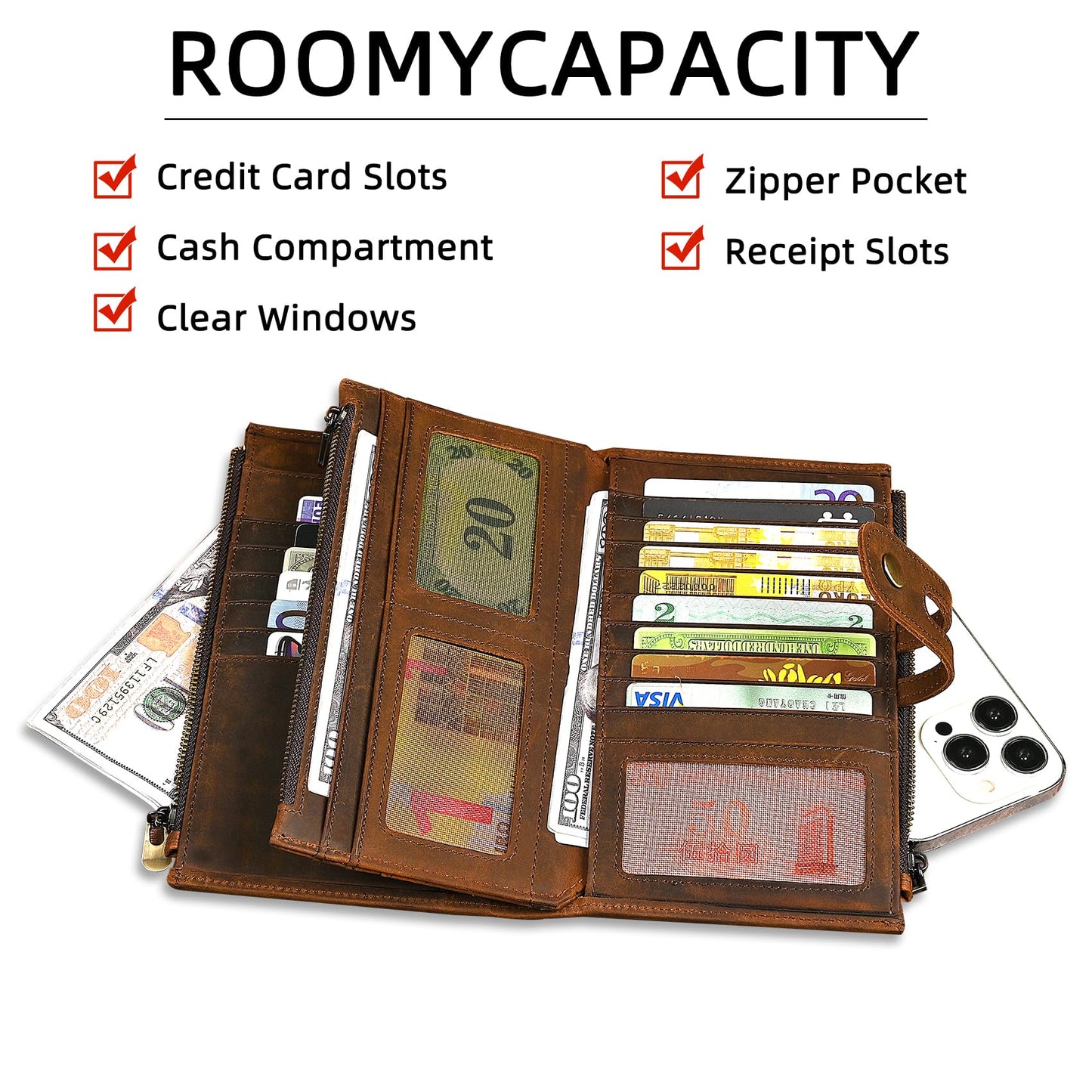 Handadsume Genuine Crazy Horse Leather Travel Gift Coin Pocket Card Case Long Organizer Chain Rfid Wallet Purse With Snap For Men Male 1803 1815 (1815 Brown)