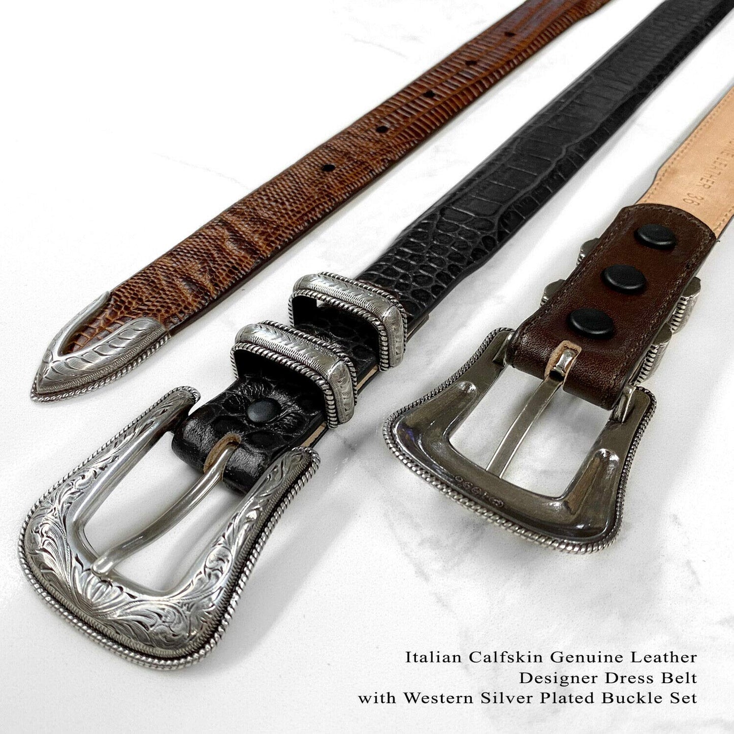 Belts.com Brenton_Genuine Full-Grain Cowhide Leather Dress Belt with Western Silver Plated Buckle Set (Smooth Black, 32)