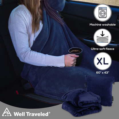 Well Traveled - 2 in 1 Fleece Travel Blanket with Stuffable Pillowcase for Air Travel - Convenient Design for Easy, Comfy Travel