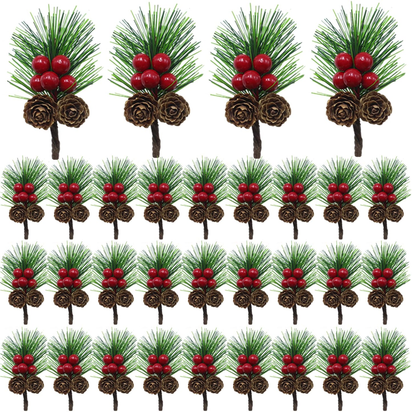 Christmas Floral Picks with Pine Cones and Holly Berries, 30Pcs Artificial Pine Greenery Stems Christmas Picks and Sprays for Holiday Decoration, Crafts, Gift Wrap Embellishments (30)