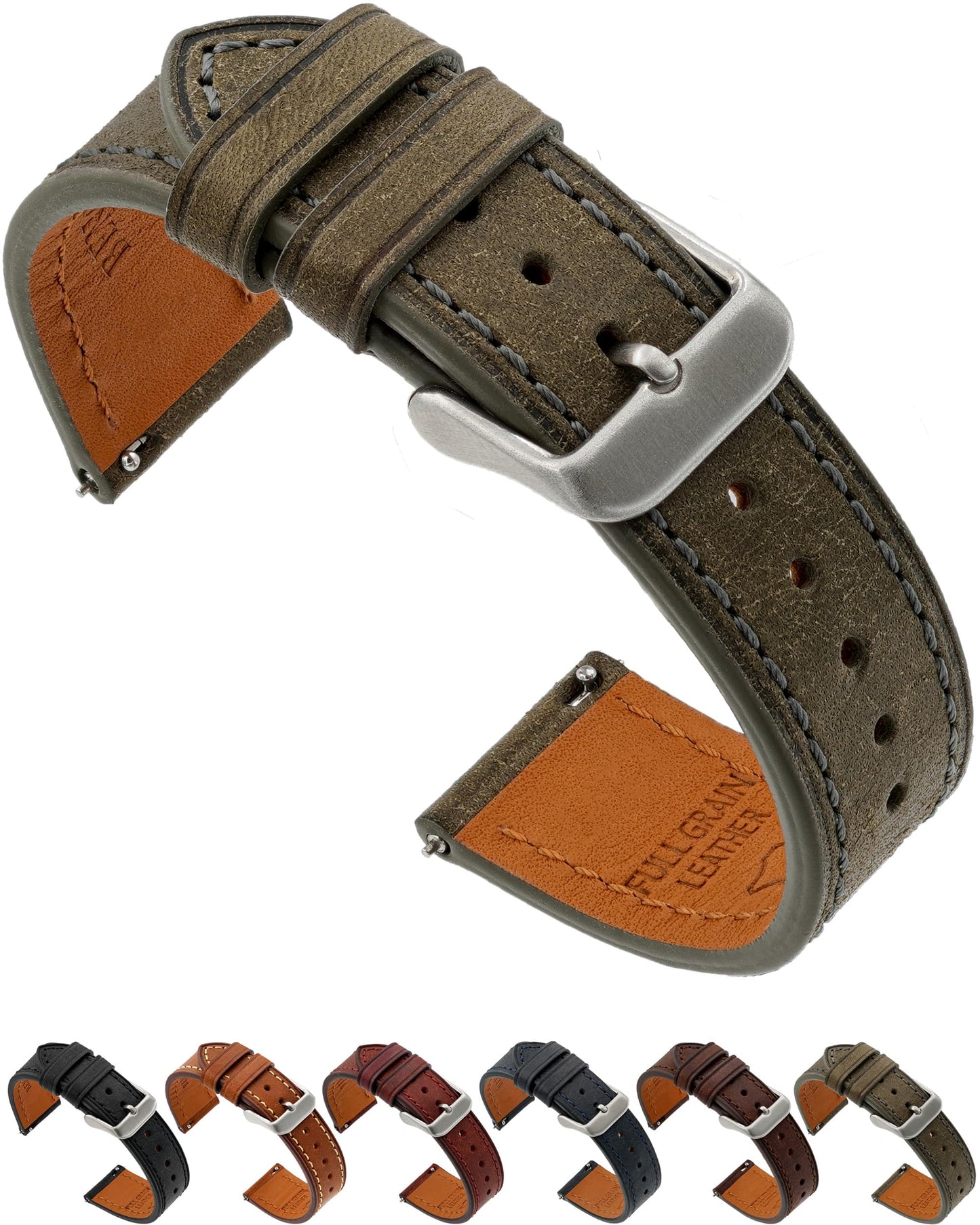 Benchmark Basics Quick Release Leather Watch Band - Premium Italian Full Grain Leather Watch Straps for Men and Women (20mm, Grey)