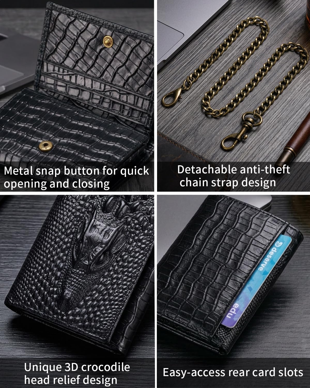 Steel Lion Mens Trifold Wallet Leather RFID Blocking, Crocodile Embossed Slim Wallet with 2 ID Window, 11 Card Slots, Detachable Anti-Theft Chain, Compact Wallet for Business Travel Daily Use (Black)