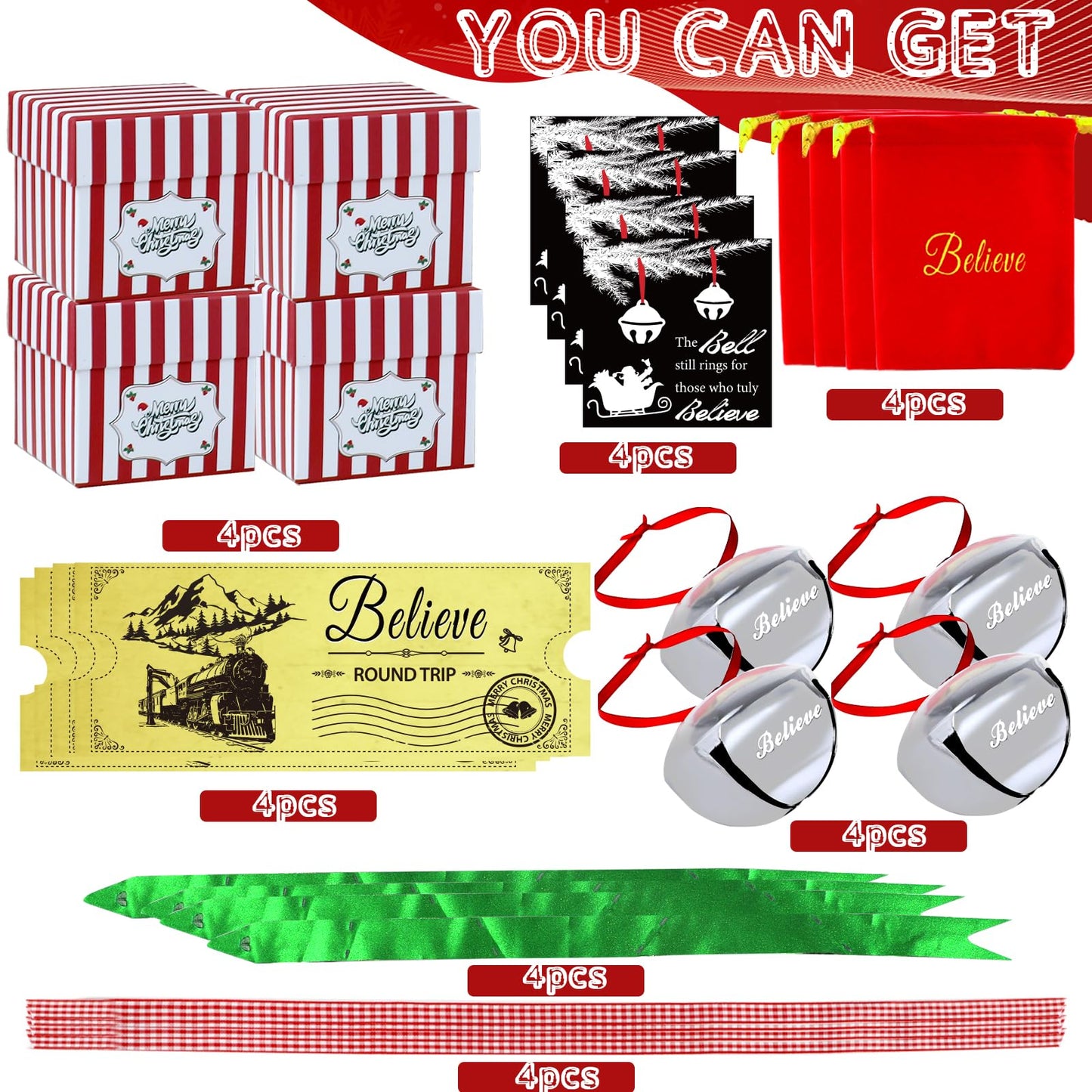 4 Set Polar Express Decorations Gift Box, Christmas Believe Bell Ornaments, 2.3" x 2.7" Sleigh Bell with Personalized Train Ticket and Red Bag
