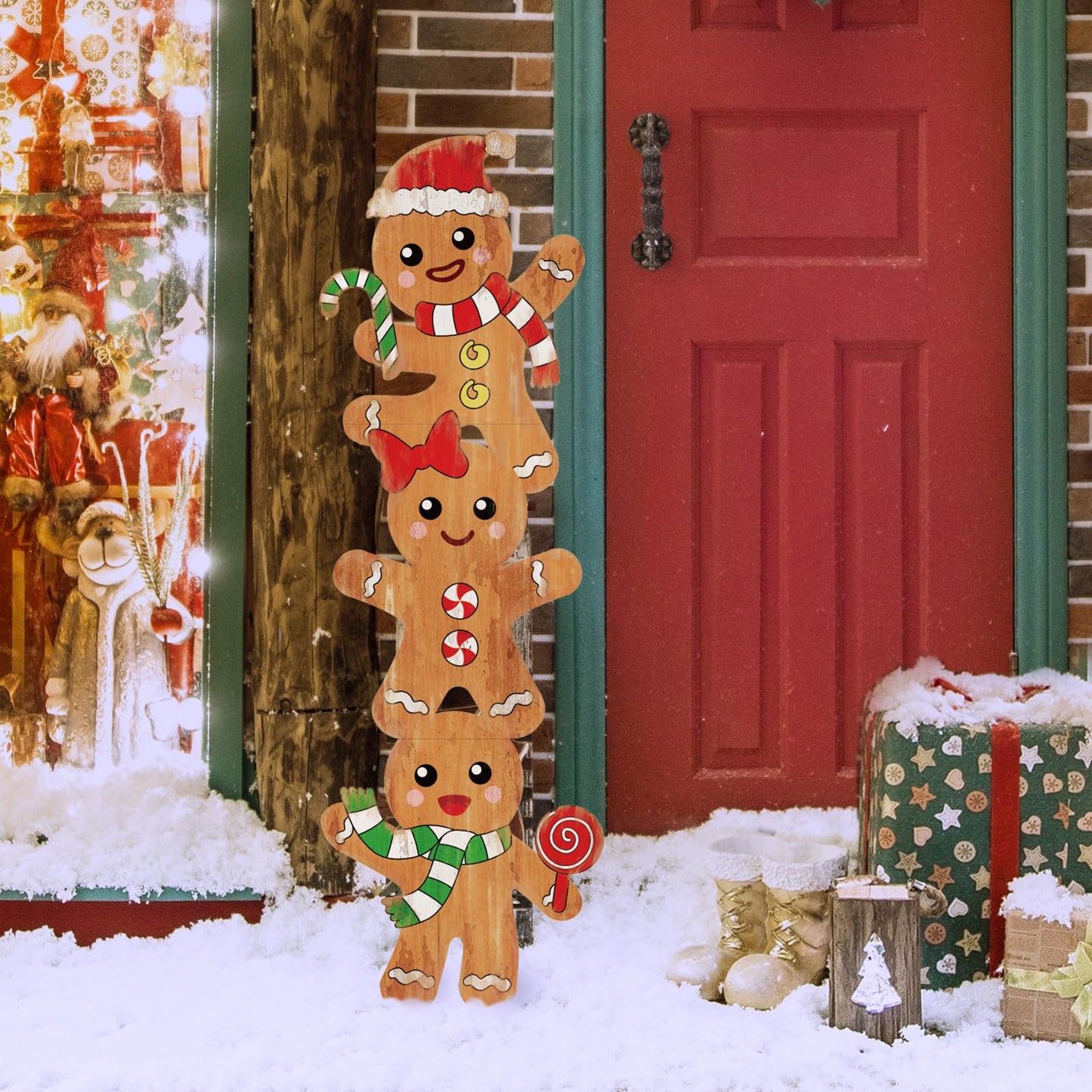 Whaline 41.7in Christmas Gingerbread Man Wooden Porch Sign Hanging Welcome Sign Farmhouse Front Door Hanger for Xmas Home Party Wall Decoration