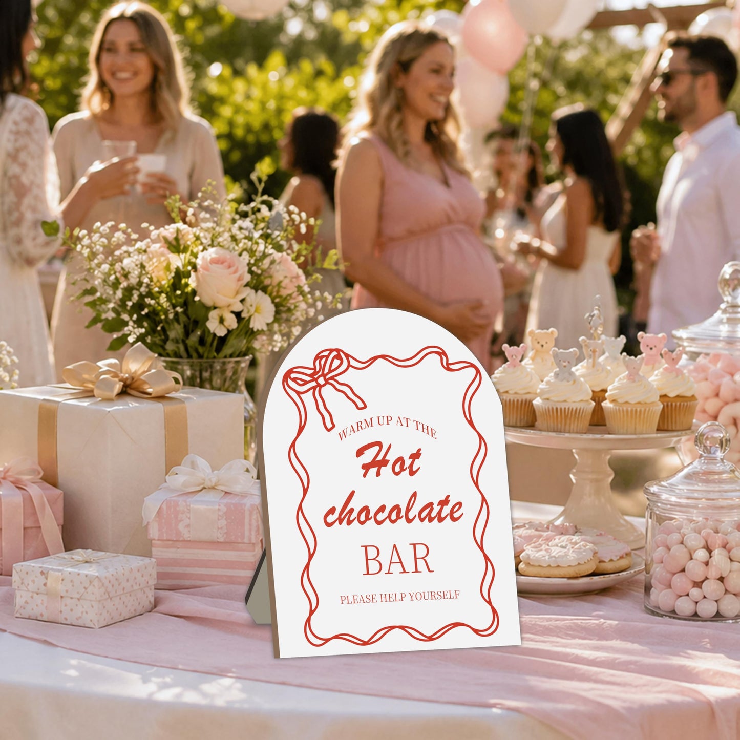 Hot Chocolate Bar Wooden Sign, Red Bow Winter Party Decor, Cocoa Drink Station Sign for Baby Shower, Bridal Shower, Christmas Holiday Party Table Decorations, Red Bow Hot Chocolate Setup Board Decor