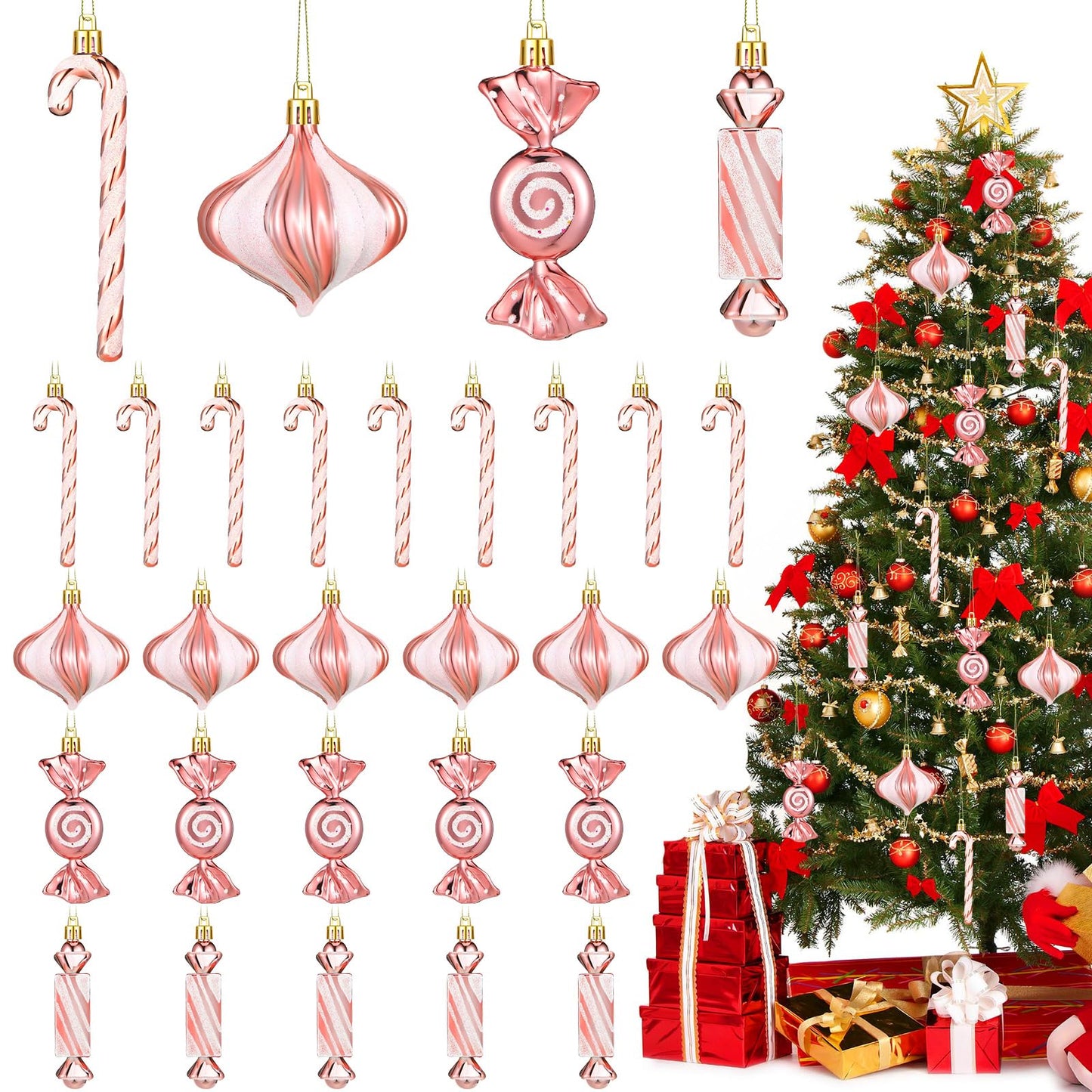 Aoriher 24 Pcs Christmas Candy Cane Ornament Pink Plastic Peppermint Candy Christmas Decorations Rose Gold Xmas Hanging Lollipop Pattern Decorations with Rope for Xmas Holiday Festival Decor