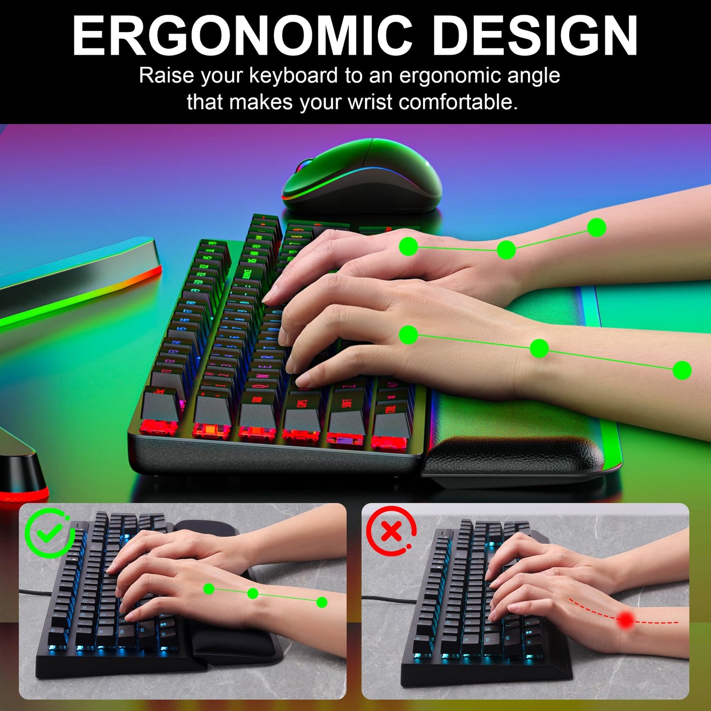 Jomwag Computer Keyboard Wrist Rest Pad, Ergonomic Soft Memory Foam Wrist Support w/Anti-Slip Rubber Base, Black (Protein leather, 15.35 in*3.54 in*1.1 in)