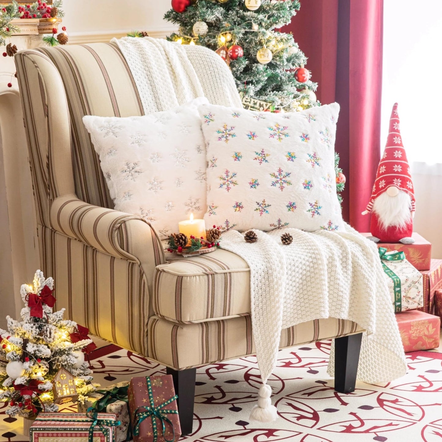 AQOTHES Pack of 2 Faux Fur Fuzzy Christmas Decorative Throw Pillows Covers Soft Plush with Snowflake Sequins Glitter Cushion Covers for Couch Sofa Bed Room Decor, Ivory,18 x 18 Inch