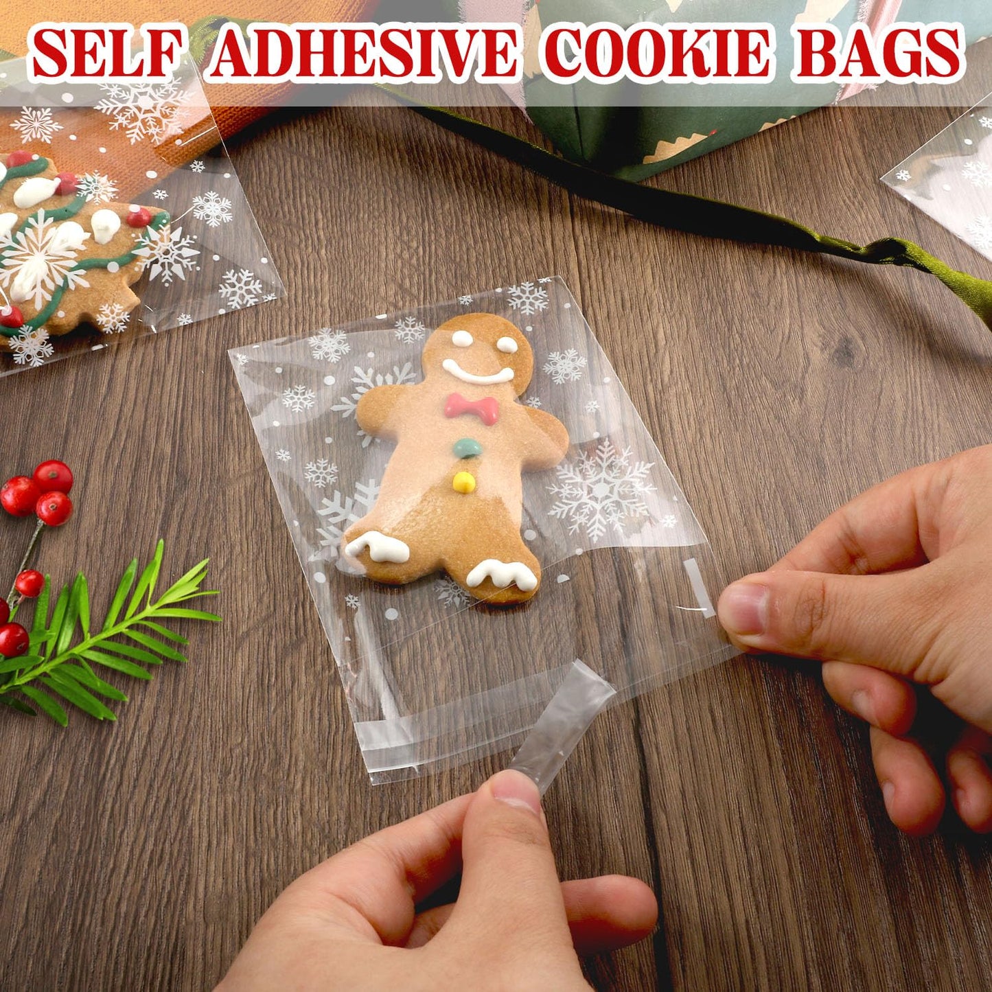 CUDICY Christmas Cookie Bags 300pcs Snowflake Cellophane Treat Bags 4x4 Self Adhesive Cookie Bag for Gift Giving Packaging Candy Goodie Holiday Homemade Bakery