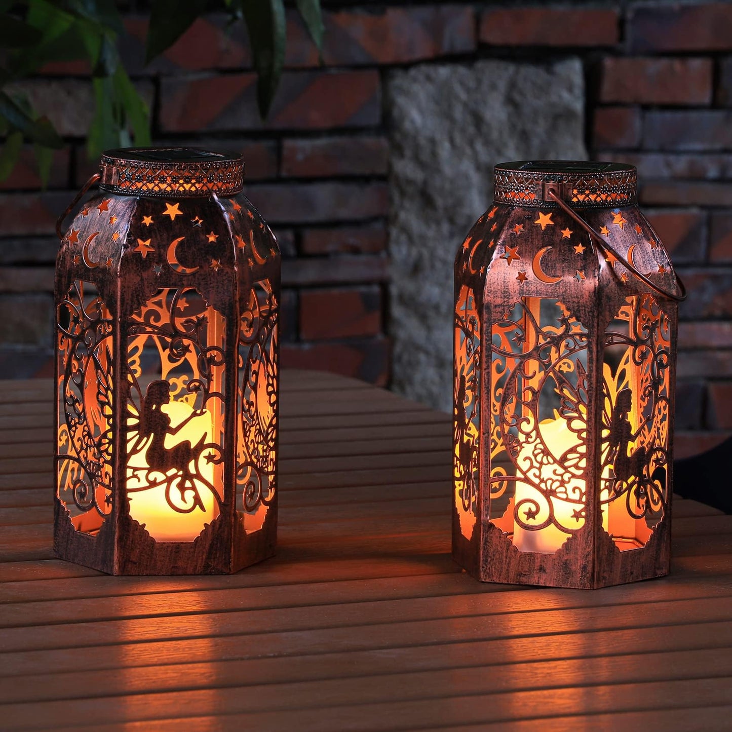 Singingarden Solar Lanterns Outdoor Garden Hanging Lantern Waterproof LED Metal Bronze Moon Fairy Lantern Waterproof Flickering Flameless Candle Mission Lights for Table,Patio,Mother's Day Gift(2Pack)