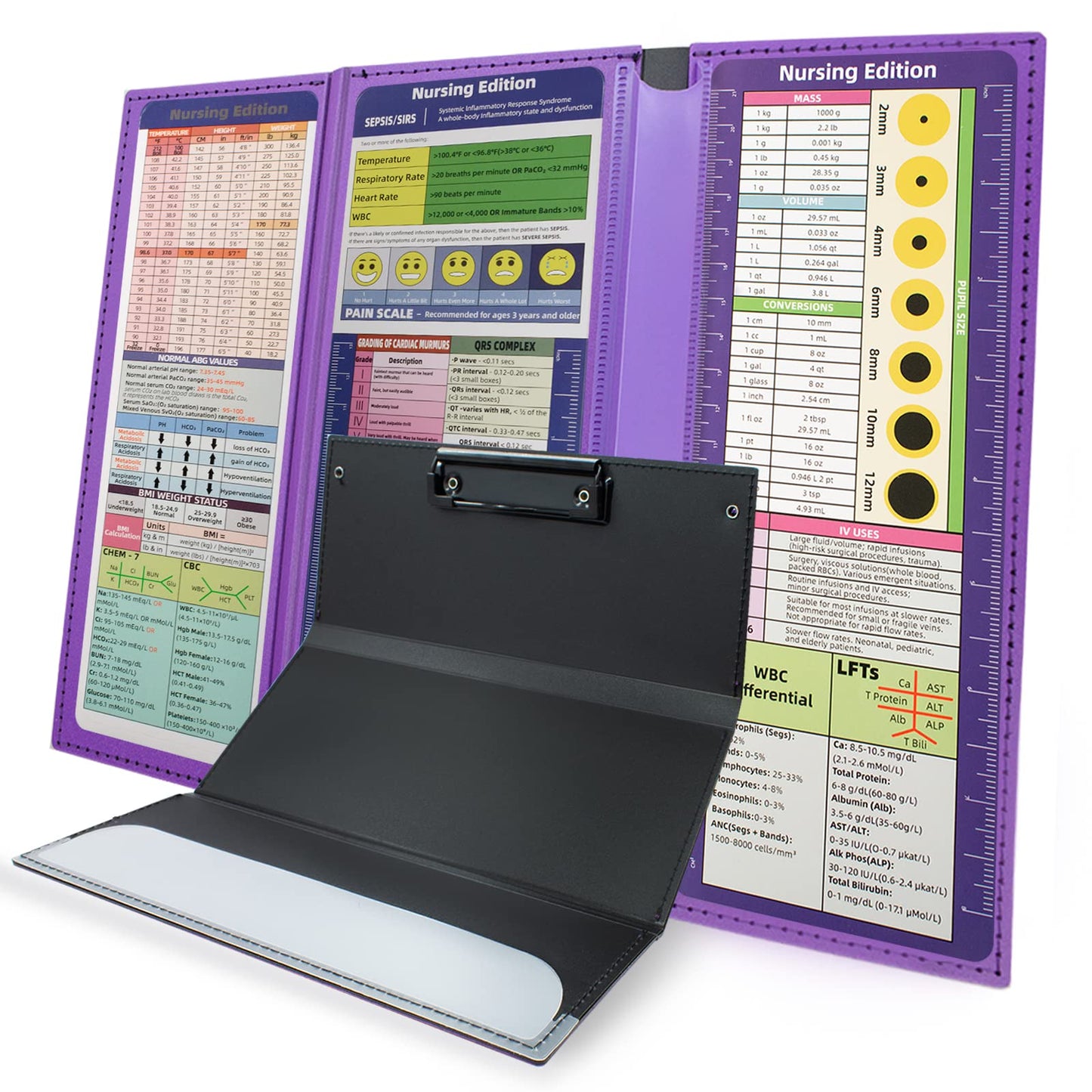 TWUTGAYW Nursing Clipboard, Portable Foldable Clipboard Pocket Size, 3 Layers Clip Board with Pen Holder for Students, Doctors, Nursing Edition clipboard with Elastic Band Notepad (Purple)